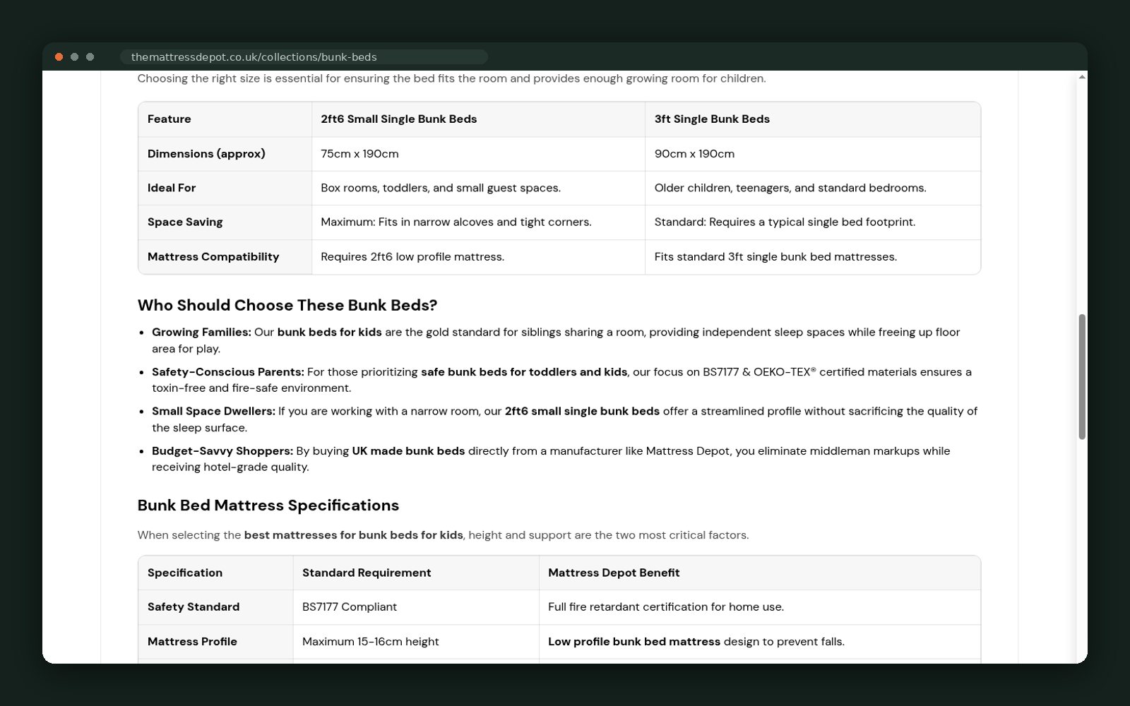 The Mattress Depot website — screen 3