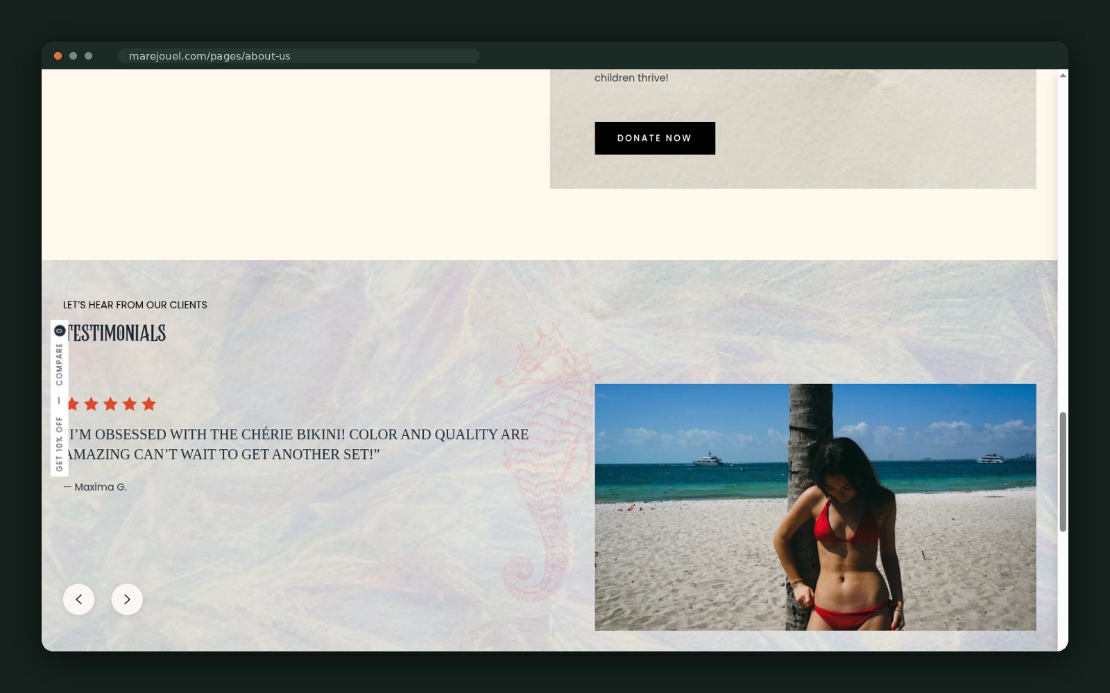 Client testimonials on the About page