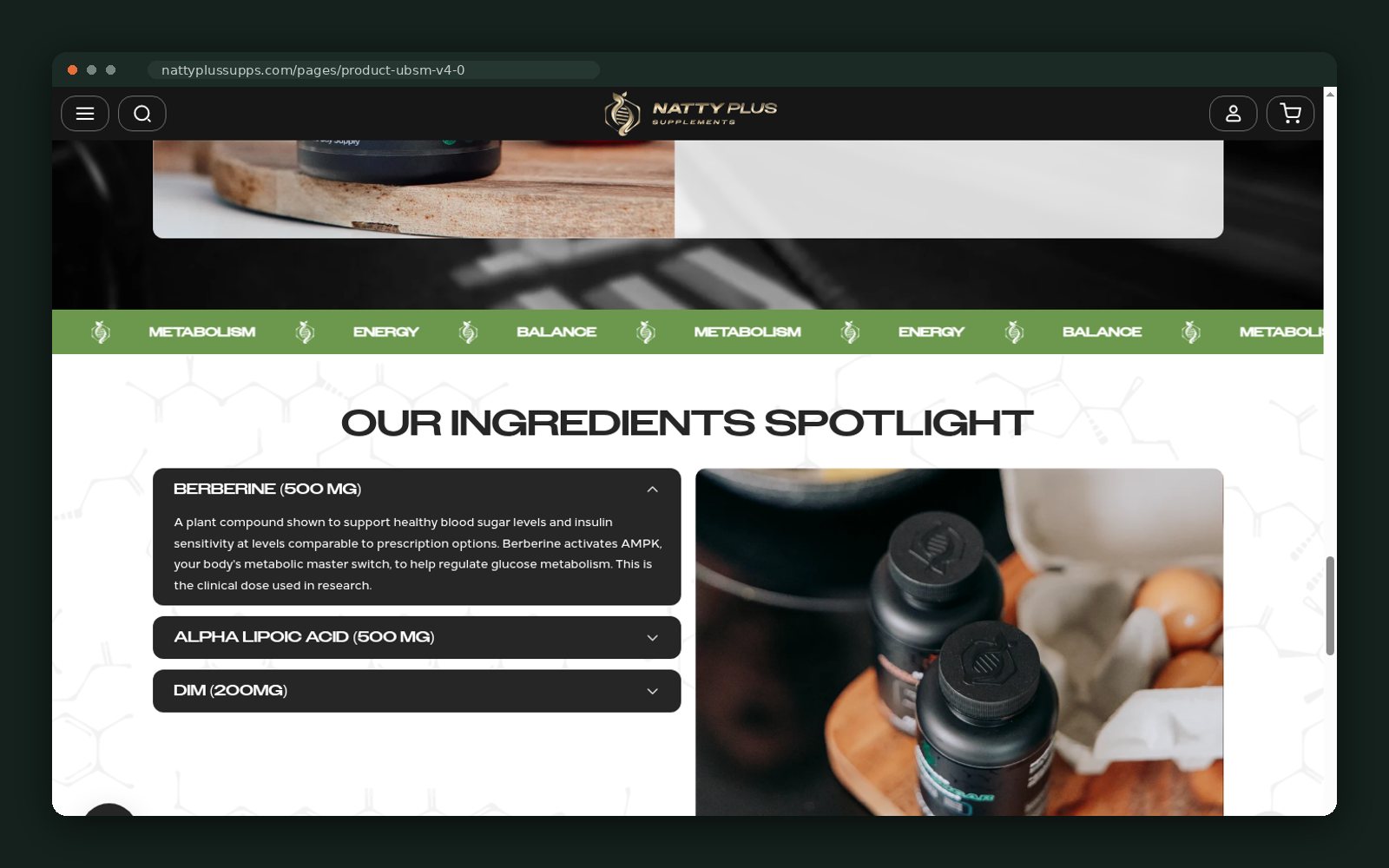 Ingredient spotlight with dosage accordions