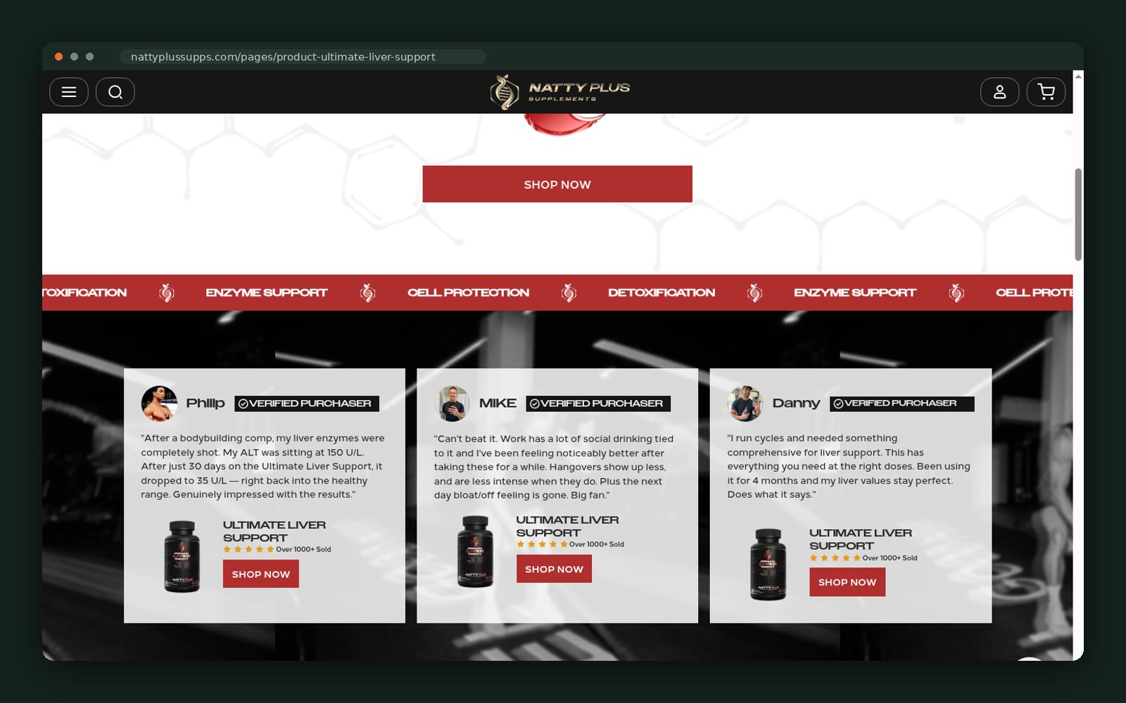 Verified-purchaser testimonials with repeated CTAs
