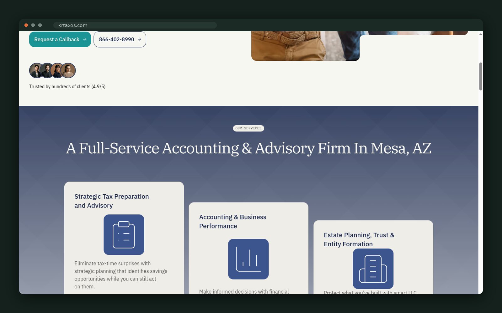 The five-service architecture on the homepage