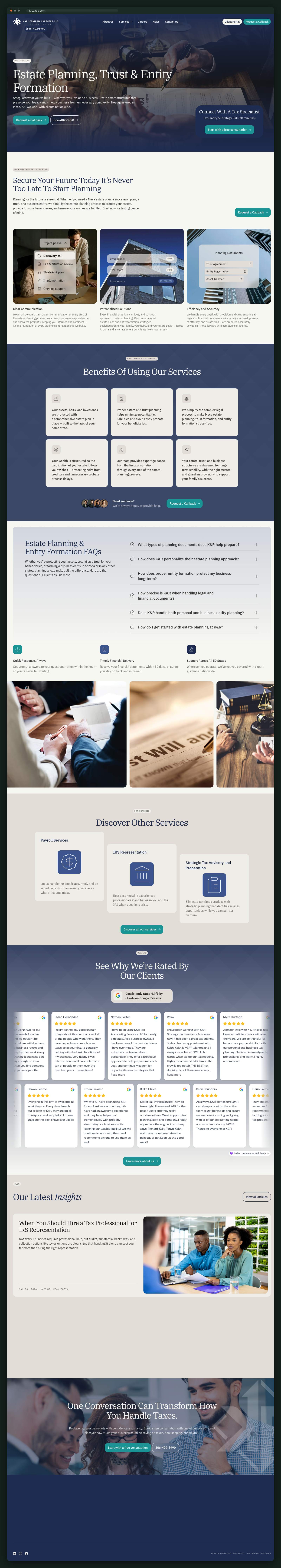 Estate planning and entity formation page, full scroll