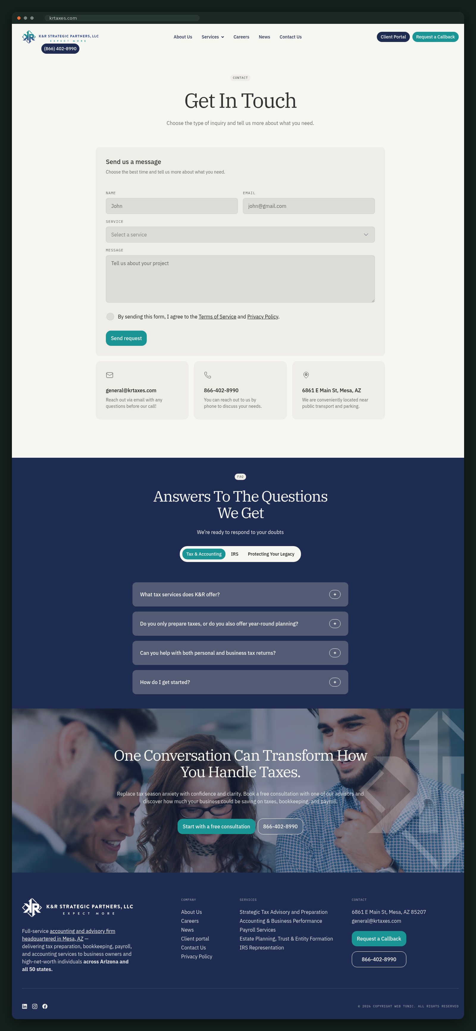 Contact page, full scroll