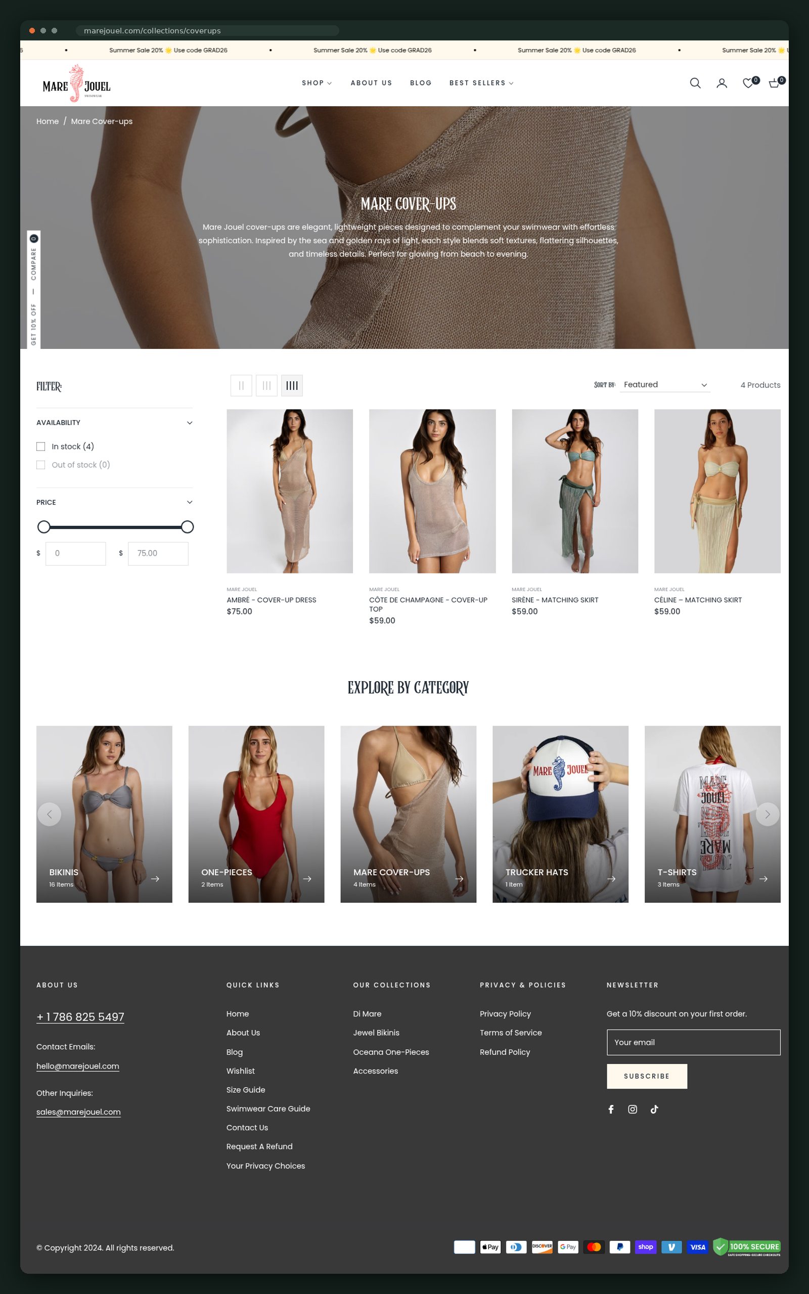 Mare Cover-Ups collection page, full scroll