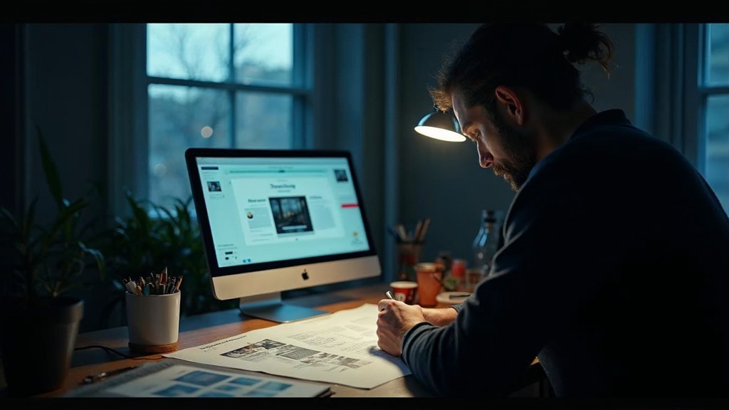 A studio designer sketching a page layout on paper beside a monitor in a dim room, photographed in St. Louis