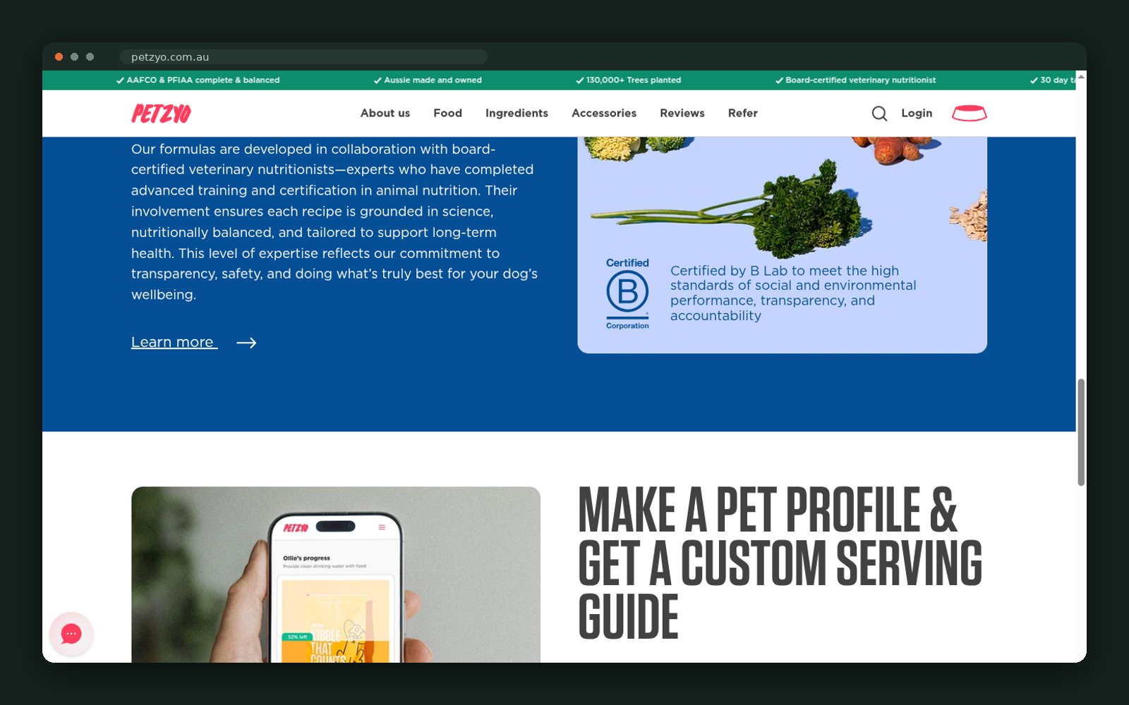Board-certified veterinary nutritionist and B Corp credentials