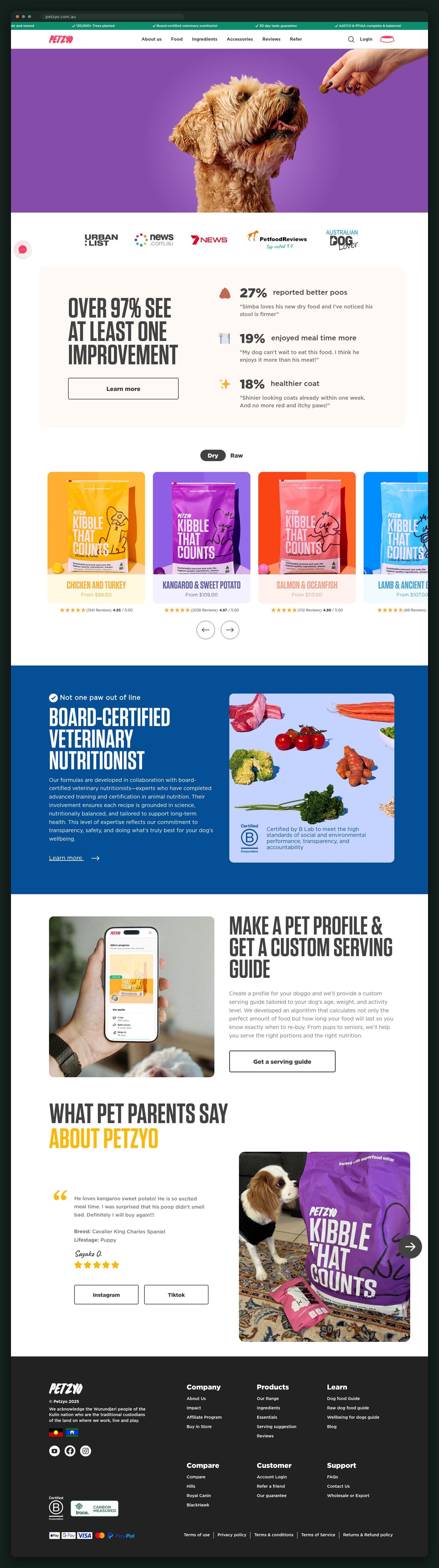 Petzyo homepage, full scroll