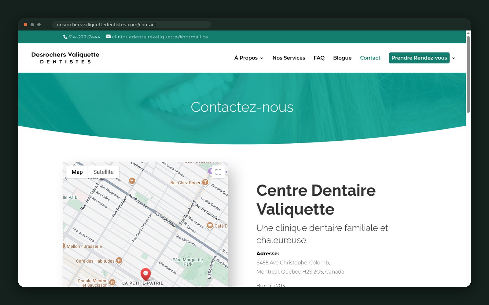 Contact page — address and Google Maps