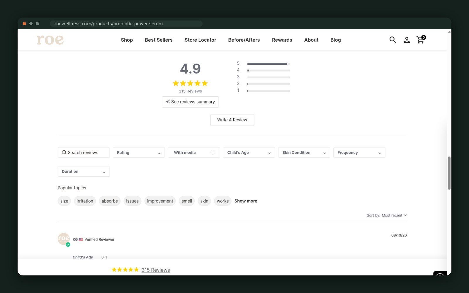 Review summary with filters by child's age and skin condition