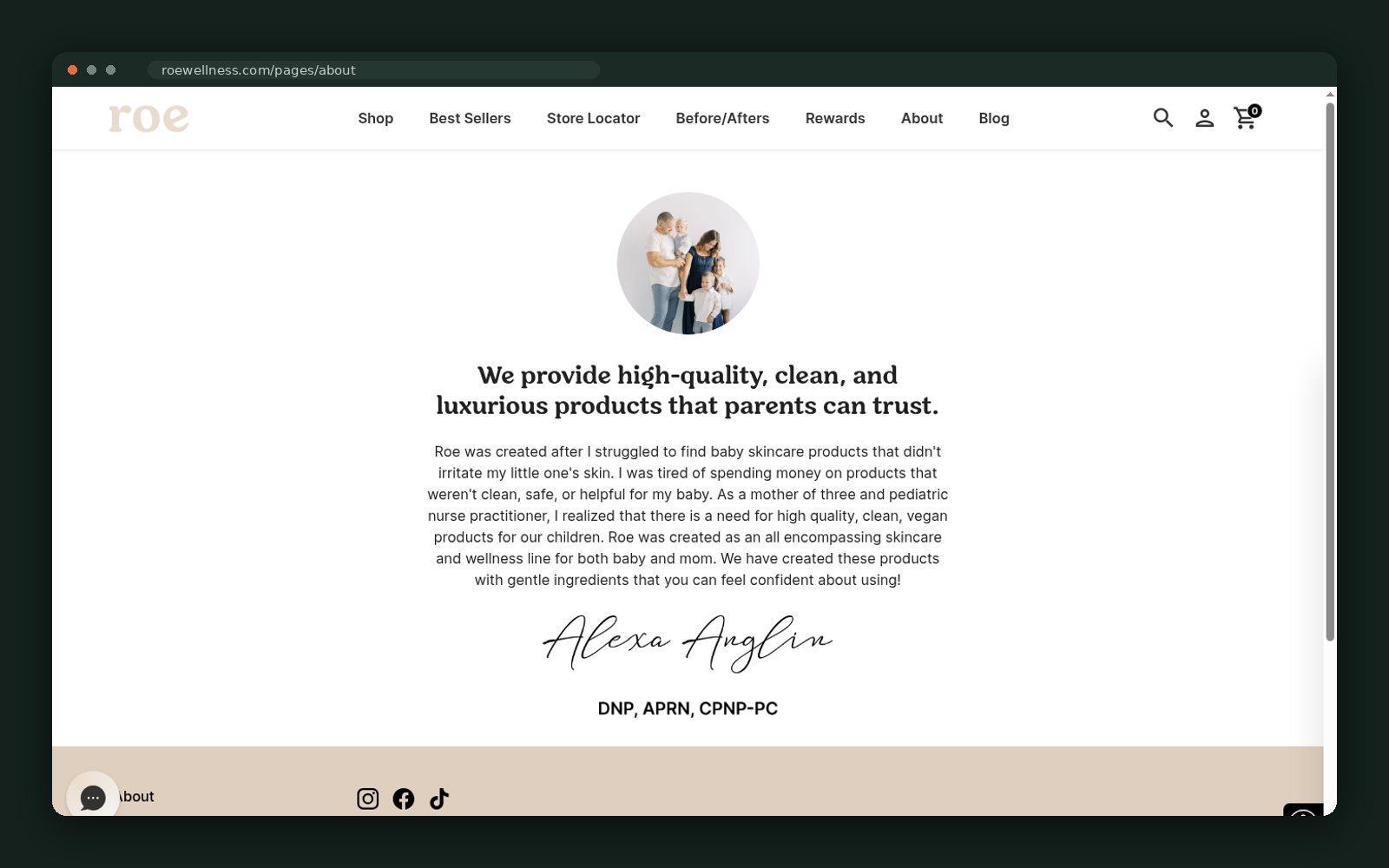 About page — the founder's clinical background