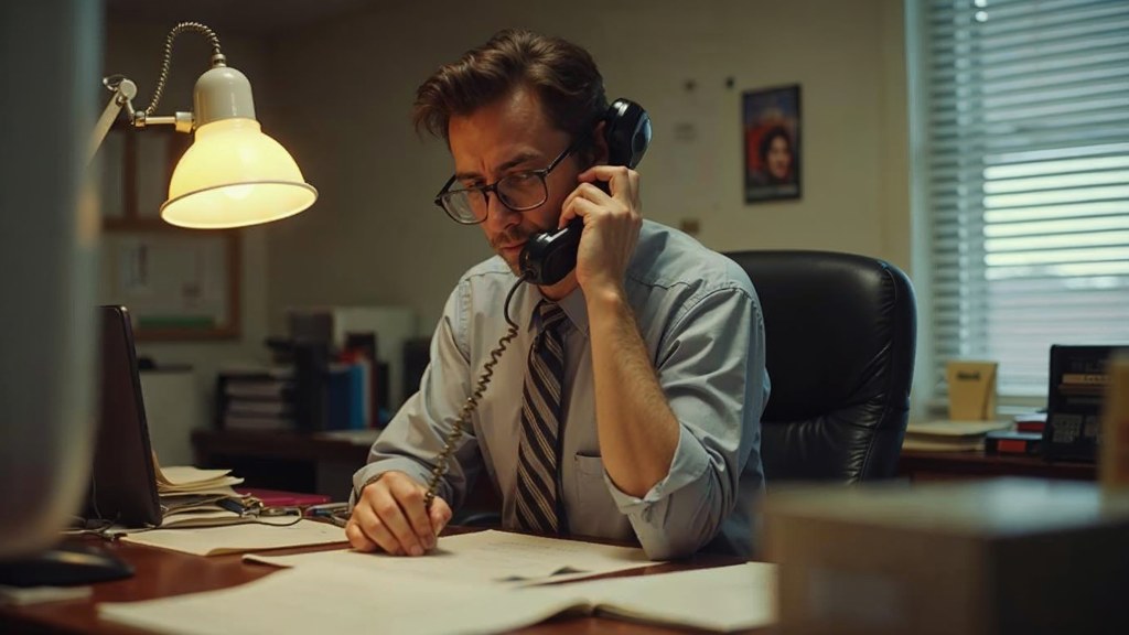 An office manager at a cluttered desk with a landline handset tucked under one ear, photographed in St. Louis