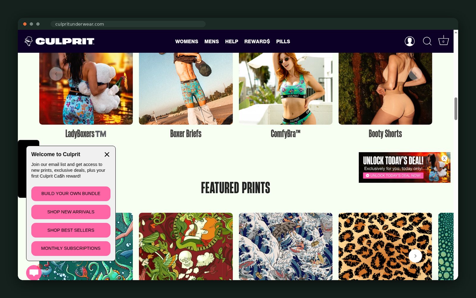 Category tiles — LadyBoxers, boxer briefs, ComfyBra, booty shorts