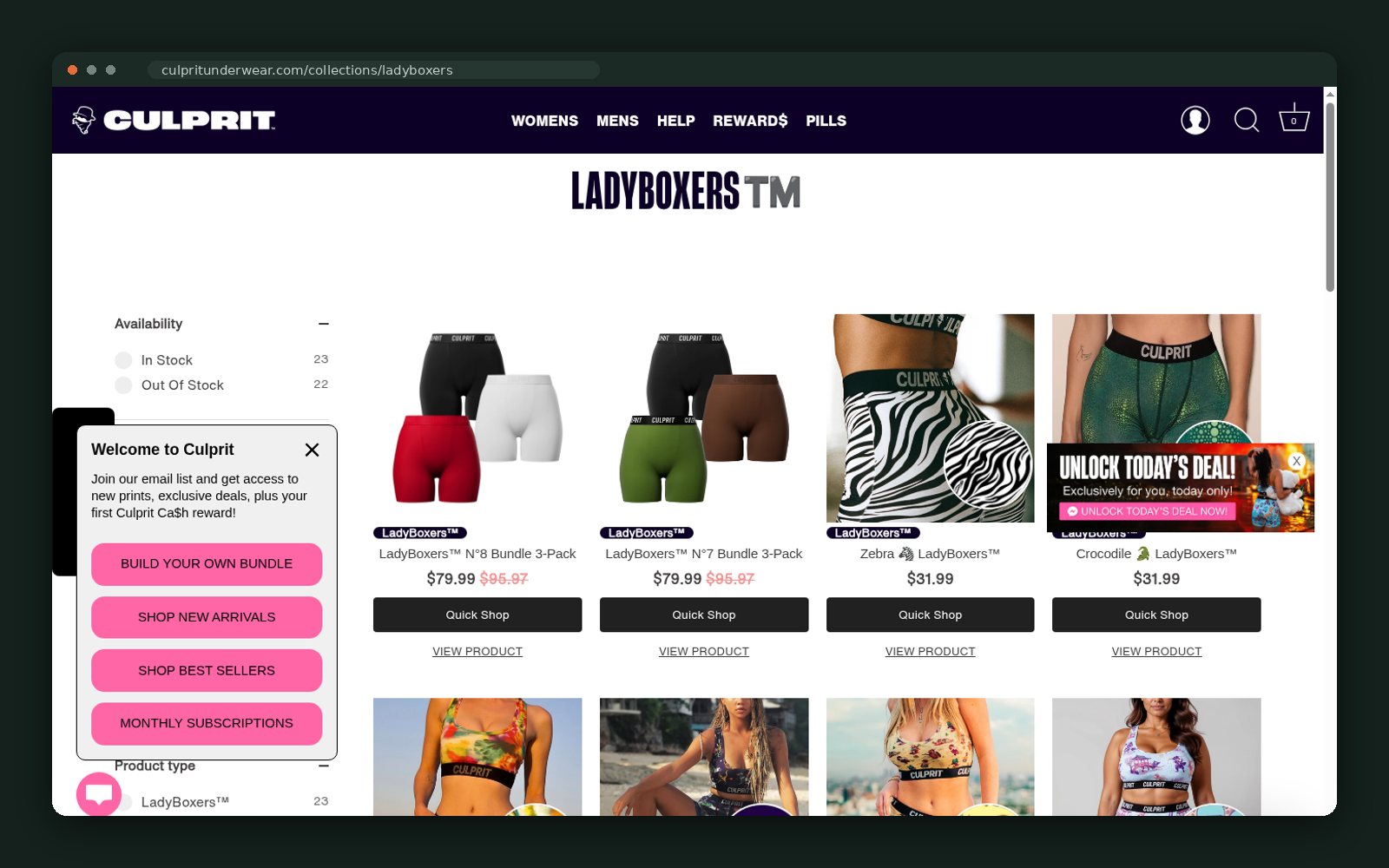 LadyBoxers grid with size and print filters
