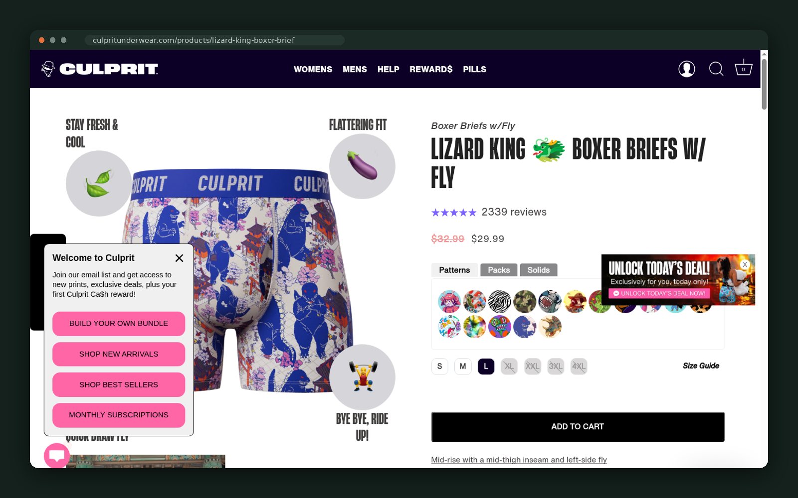Product page — benefit icons, print swatches, size picker