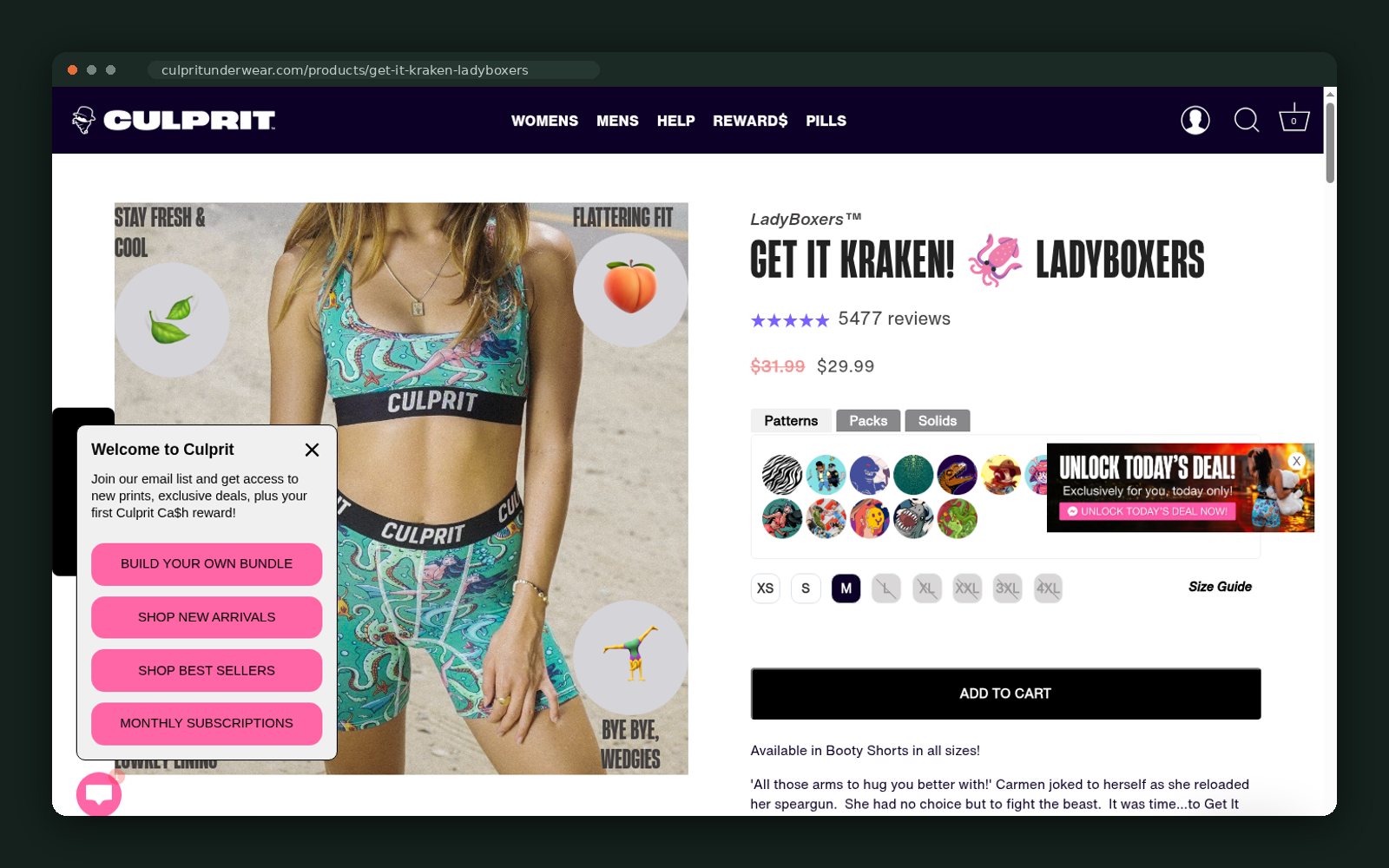 LadyBoxers product page with review count and variants