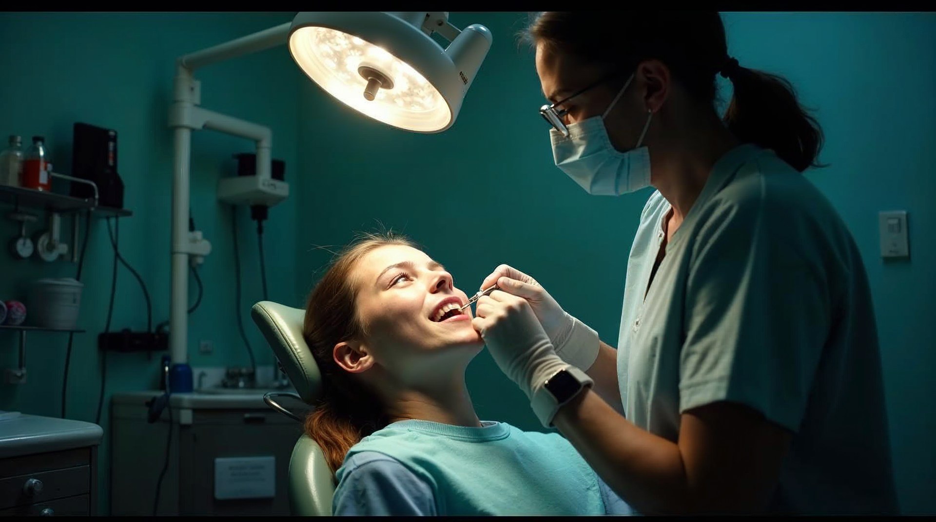 Masked clinician fitting a bracket for a teenage patient tilted back in an orthodontic chair under a flaring exam lamp