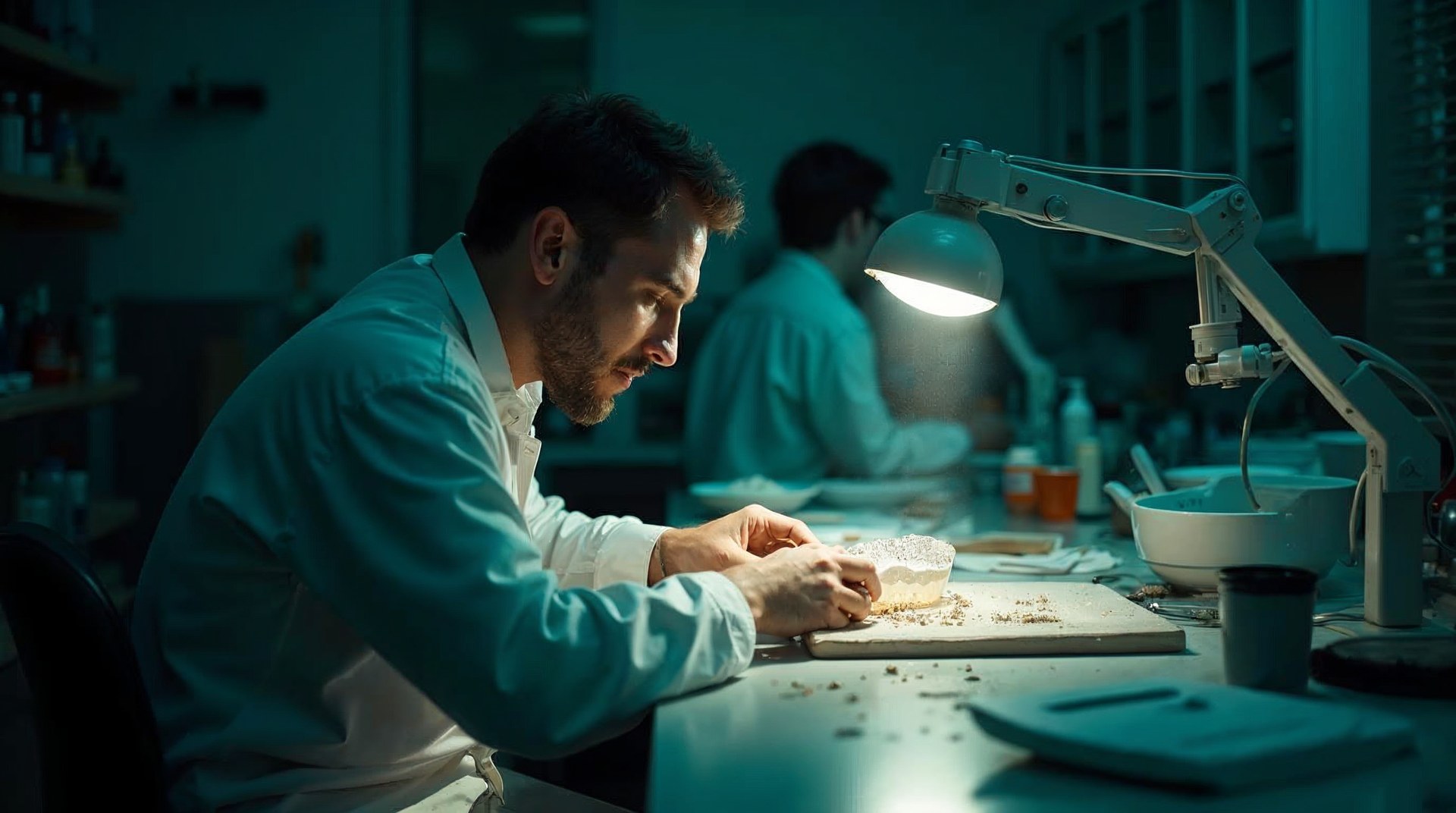 Dental lab technician trimming a clear aligner tray under a bench lamp in a cramped lab, plaster dust in the air