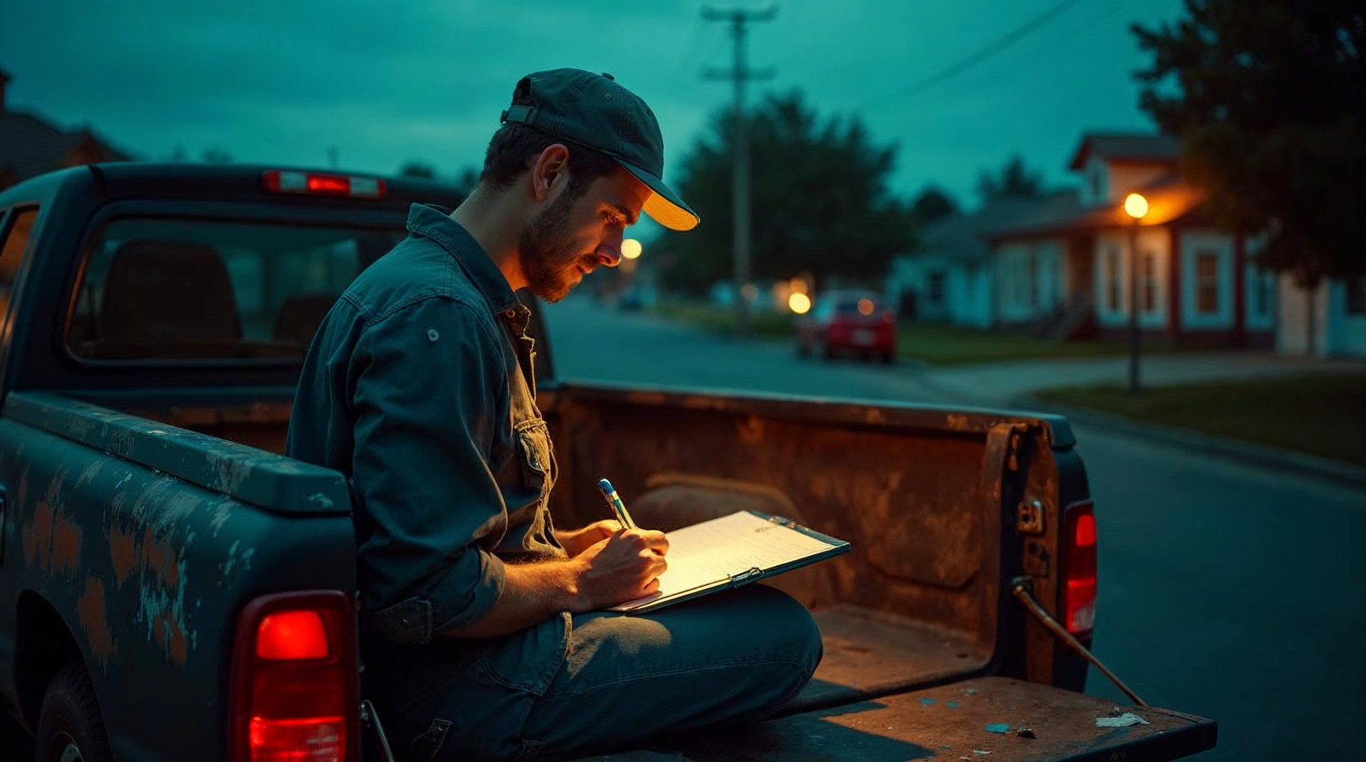 Painting contractor writing an estimate on a clipboard on the tailgate of a paint-spattered pickup at dusk