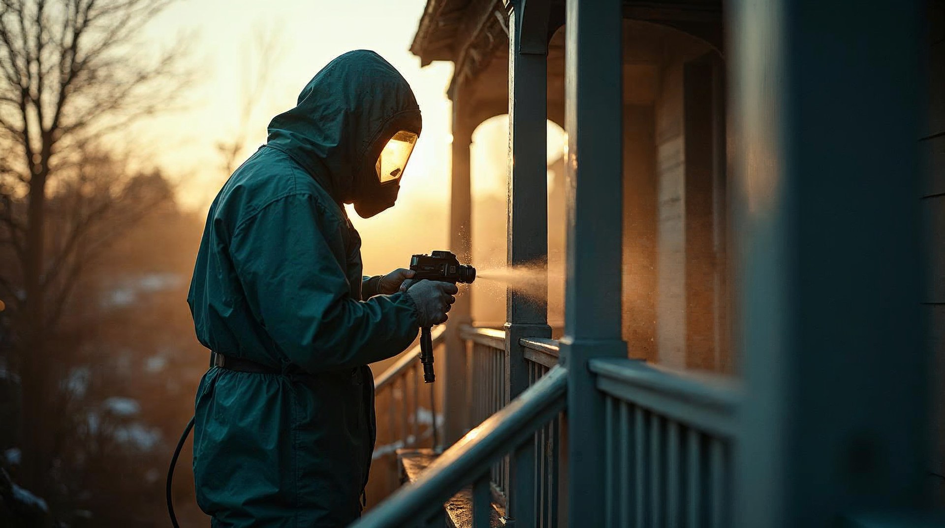 Painter in a spray suit masking a Victorian porch railing at first light, low winter sun raking across the boards