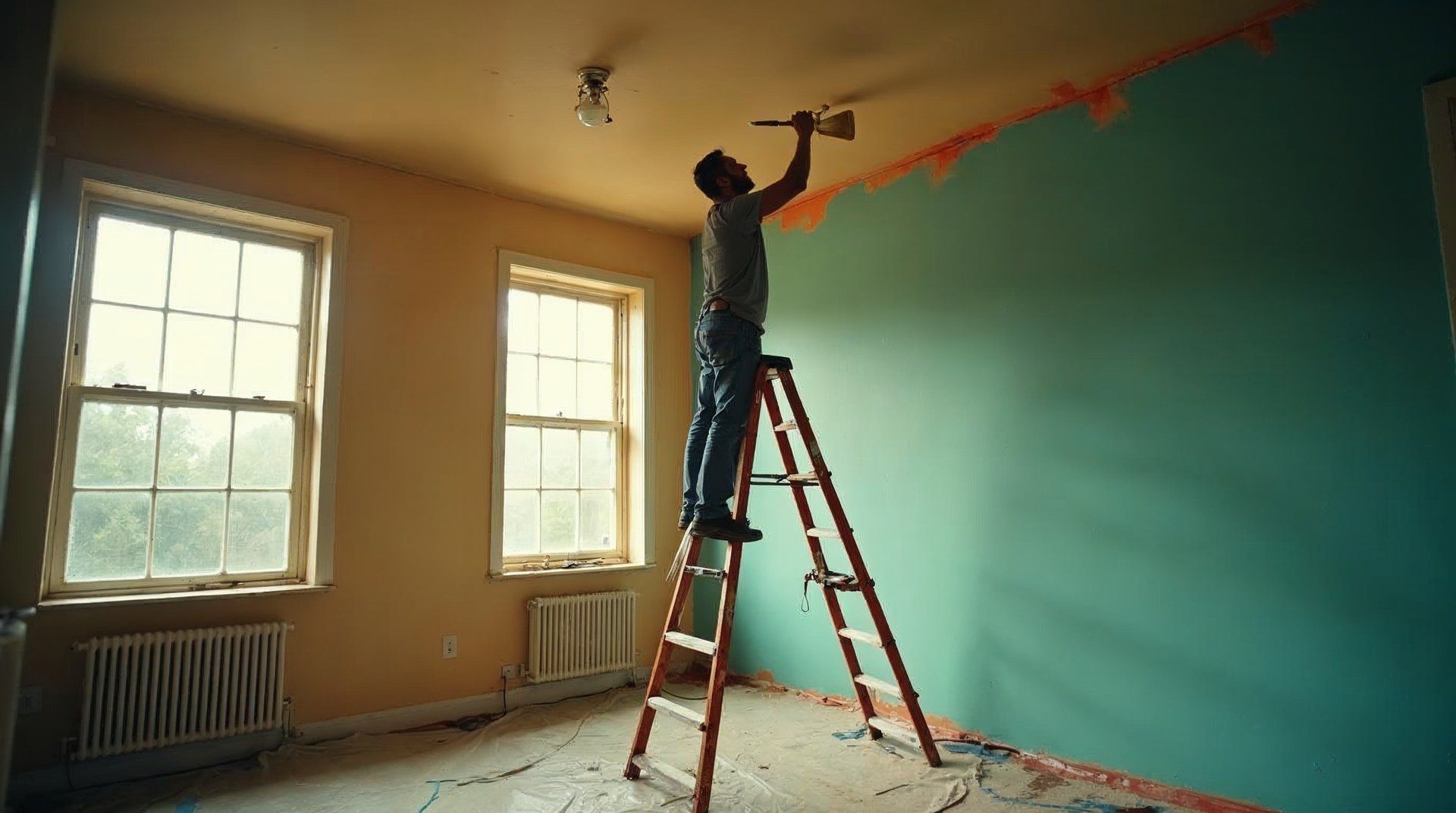 Painter on a ladder cutting in a ceiling line in an empty sunlit living room, drop sheets and taped edges below