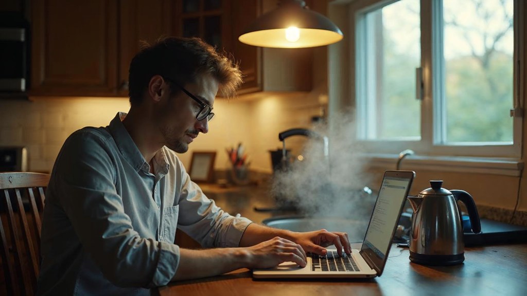 A service-business owner at a kitchen table typing a question into a laptop while a kettle steams behind, photographed in St. Louis