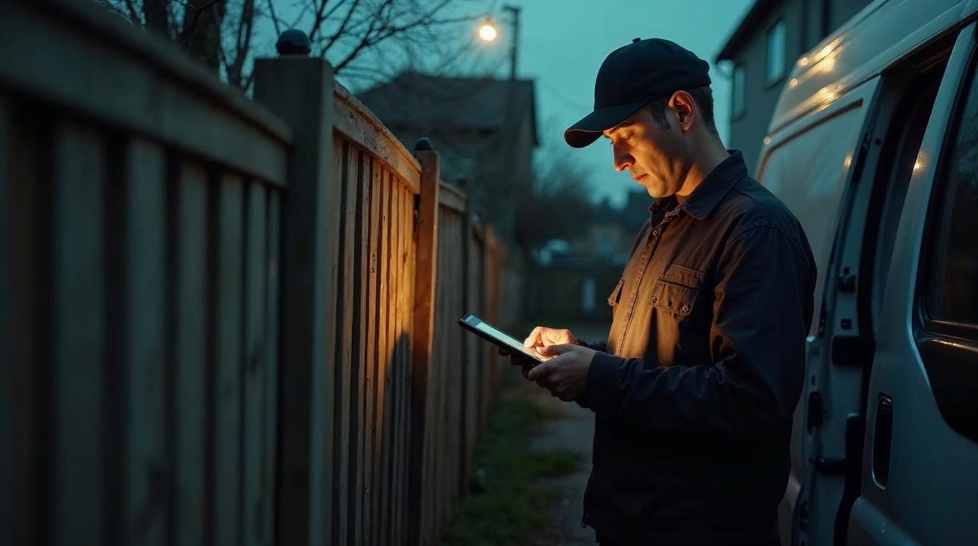 Route technician logging a quarterly service on a handheld beside a customer's back fence, van side door open