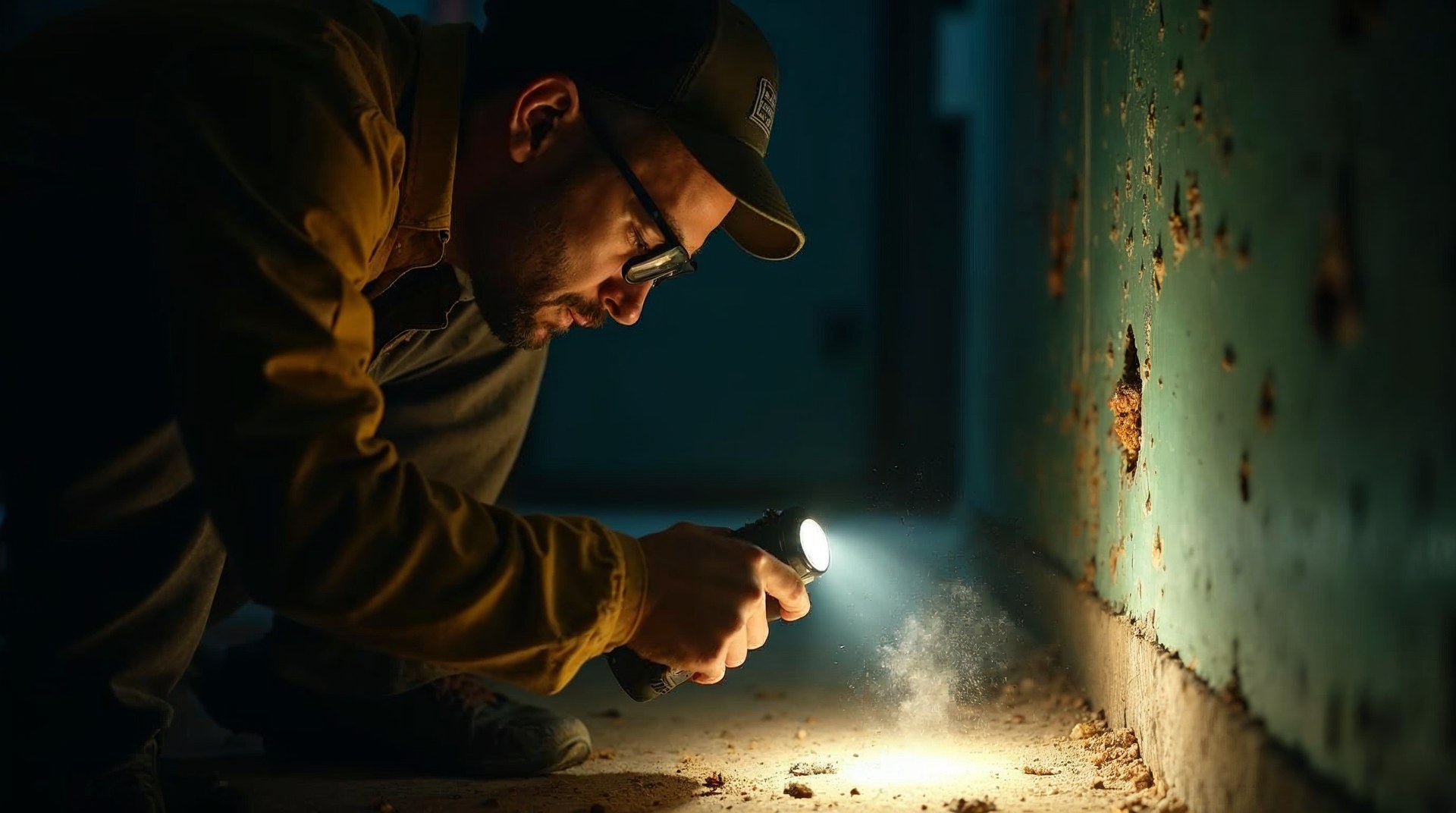 Pest technician crouched in a crawlspace shining a torch on a bait station, dust swirling in the beam