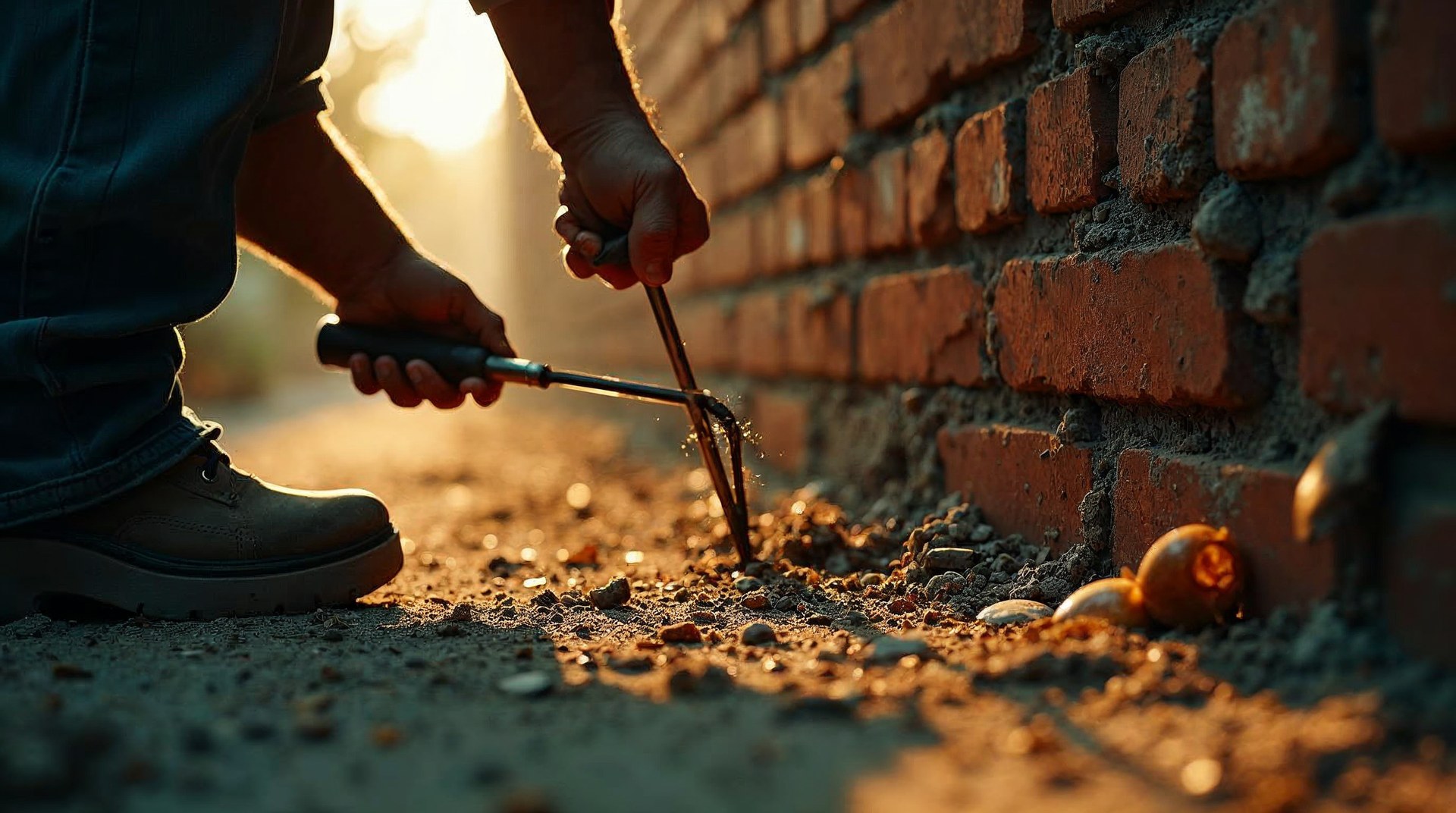 Technician scraping a termite mud tube off a brick foundation with a screwdriver in hard morning sun