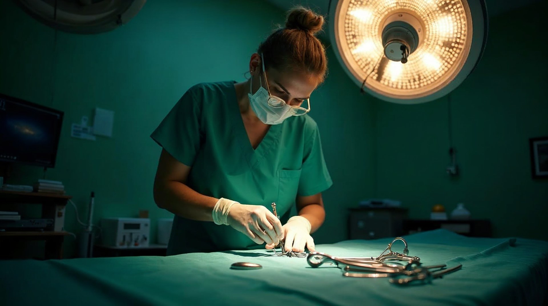 Scrub nurse laying out instruments on a sterile drape under a hard operating lamp, green drapes and deep shadow
