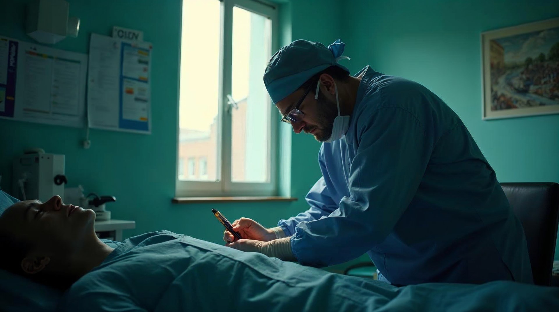 Surgeon marking a patient's shoulder with a violet skin pen in a quiet consult room lit by a tall window