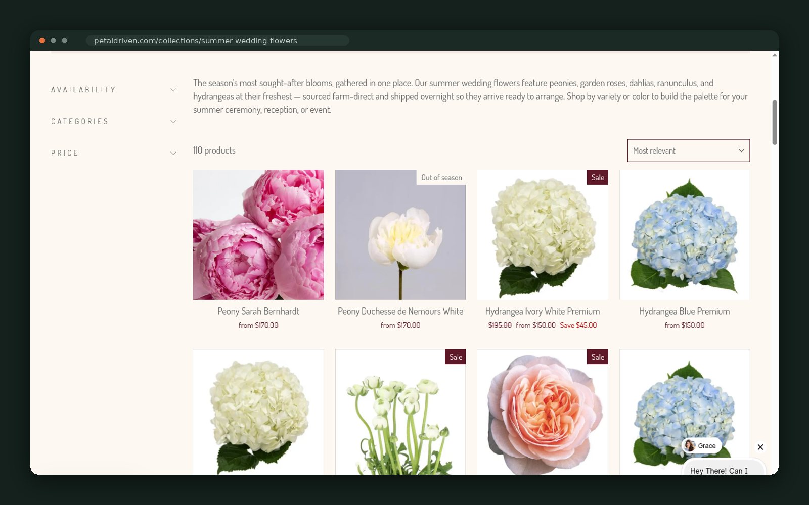 Wedding varieties grid — garden roses, dahlias, ranunculus