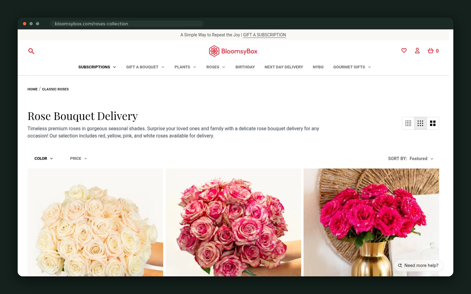 Rose bouquet delivery collection with colour and price filters