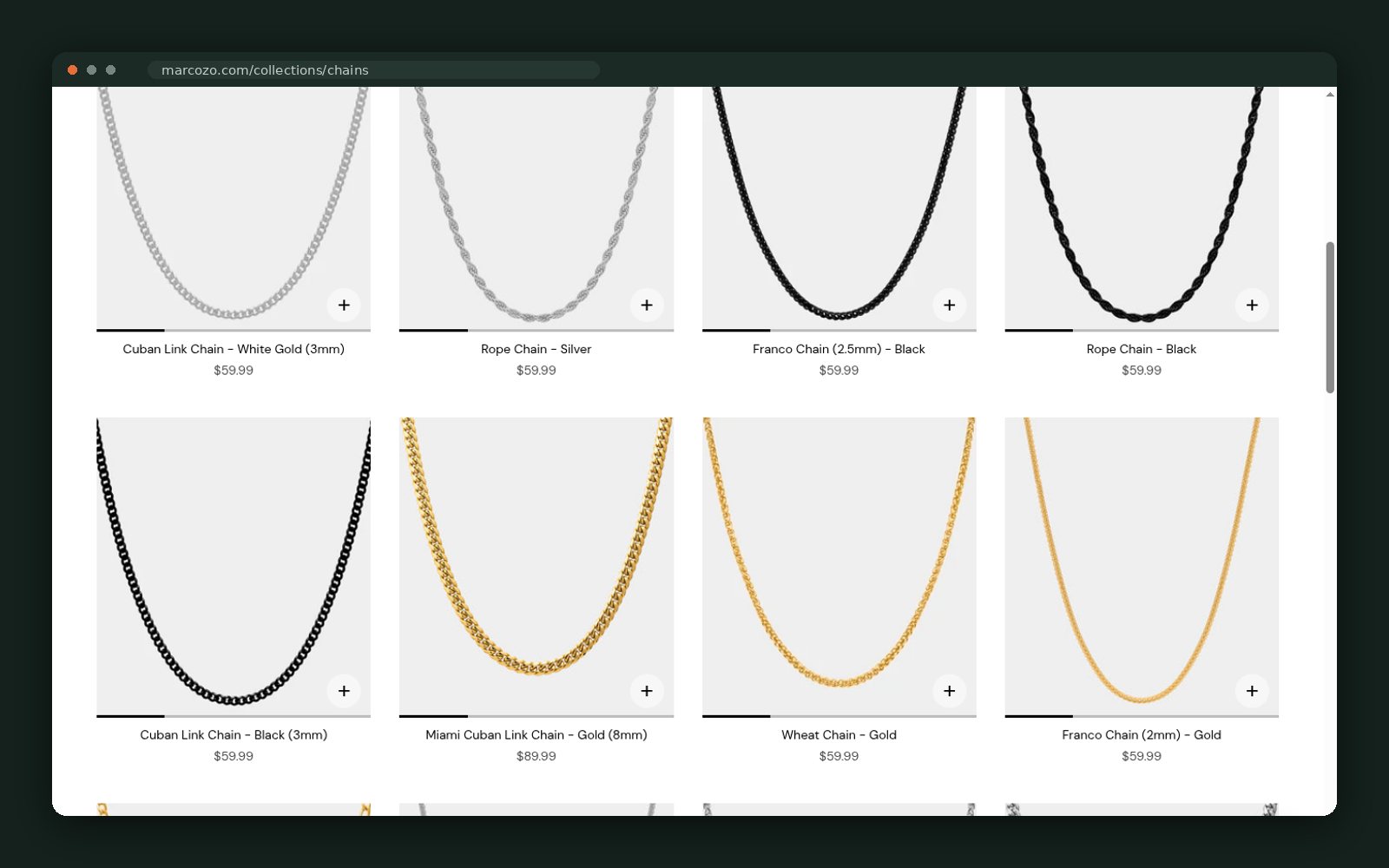 Chain styles grid — Cuban, rope, Franco, Figaro