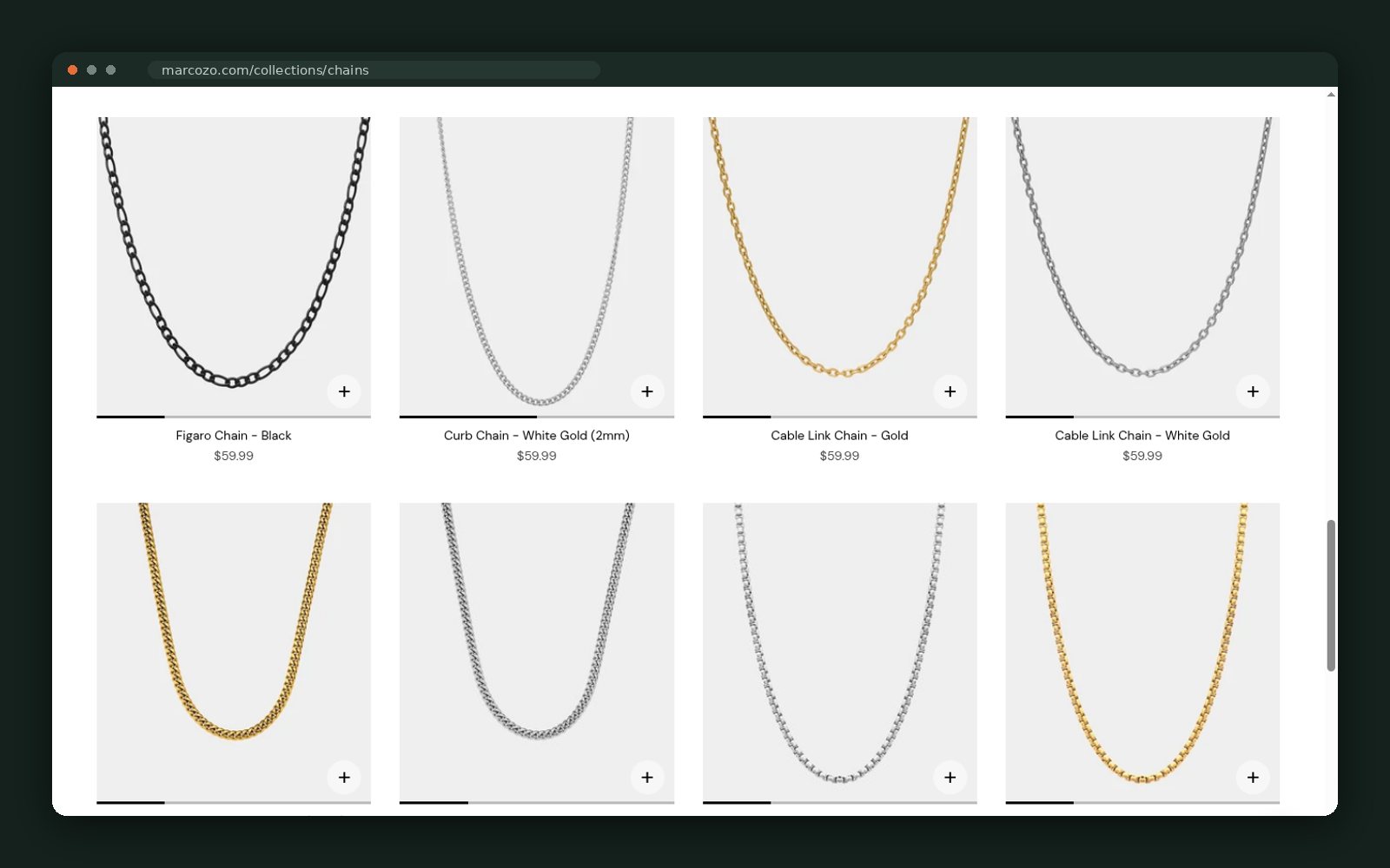 Full chain range in gold, white gold and black finishes