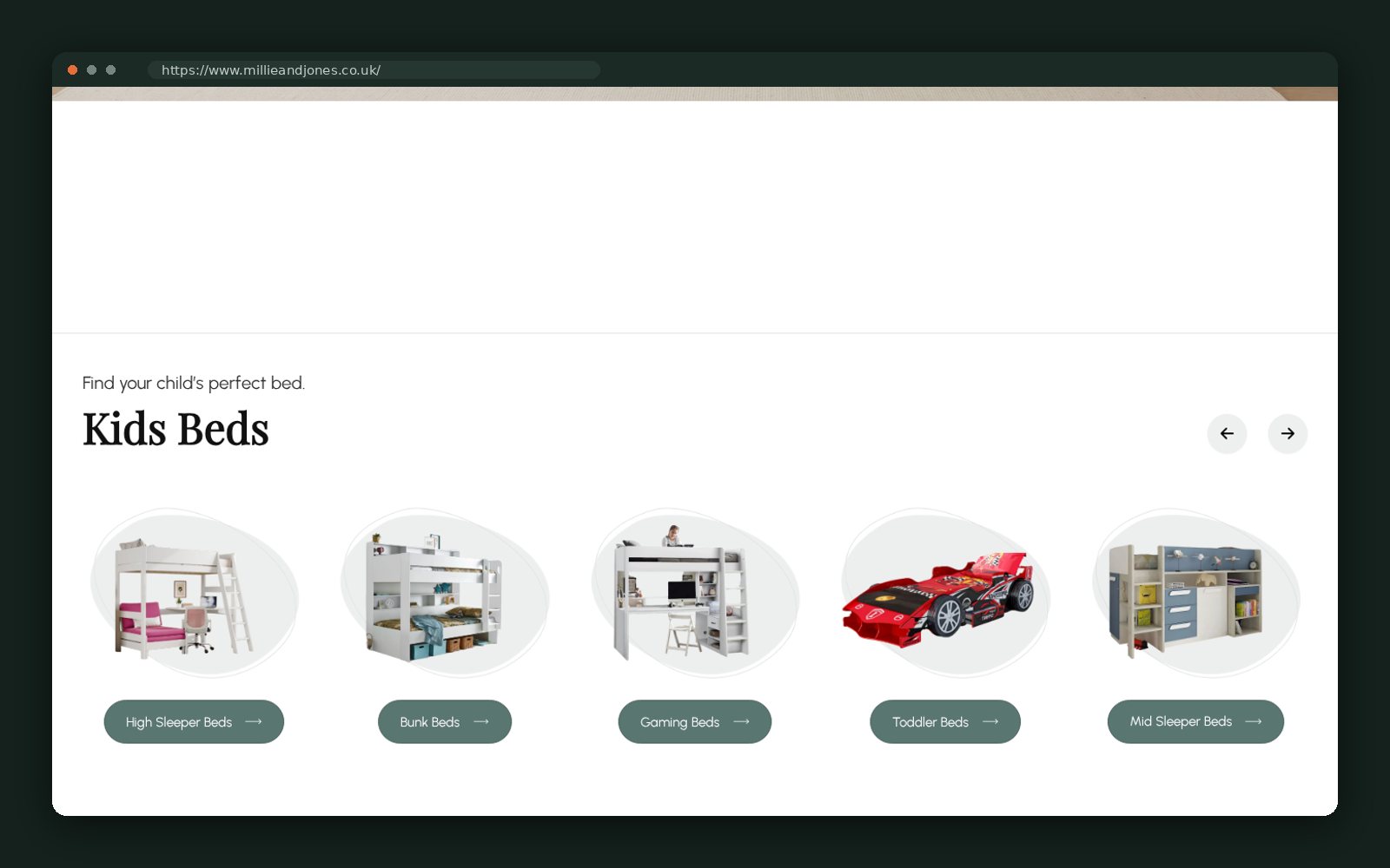 Kids Beds category carousel on the homepage