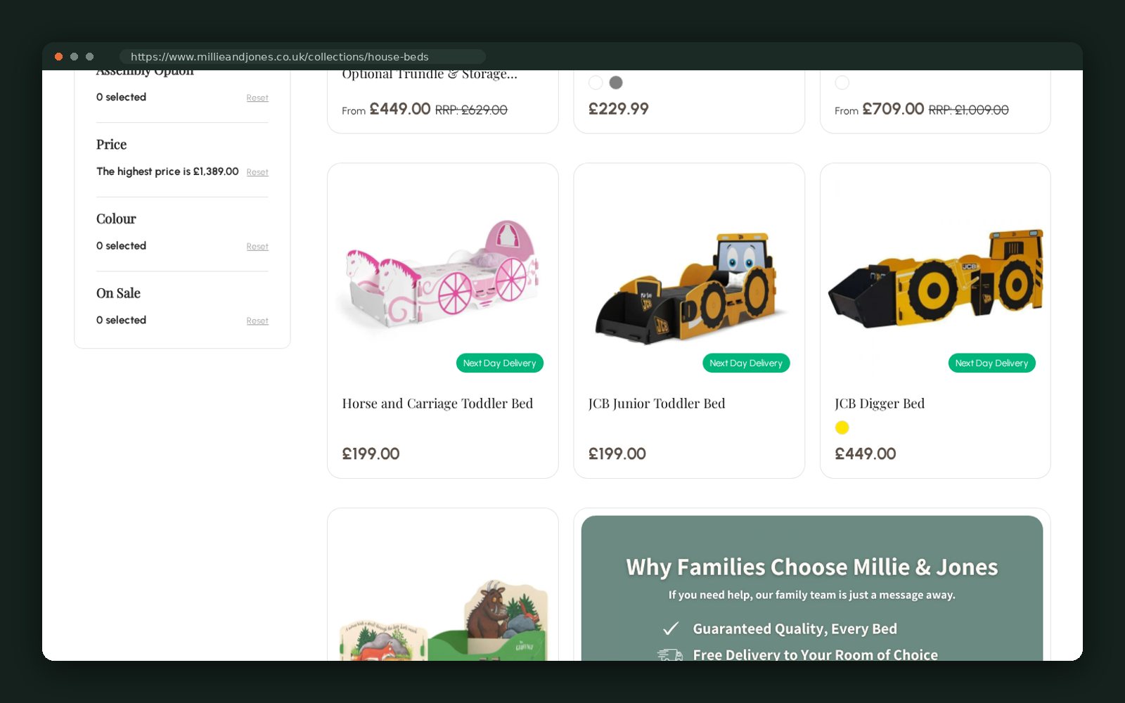 Toddler and novelty beds grid with delivery badges
