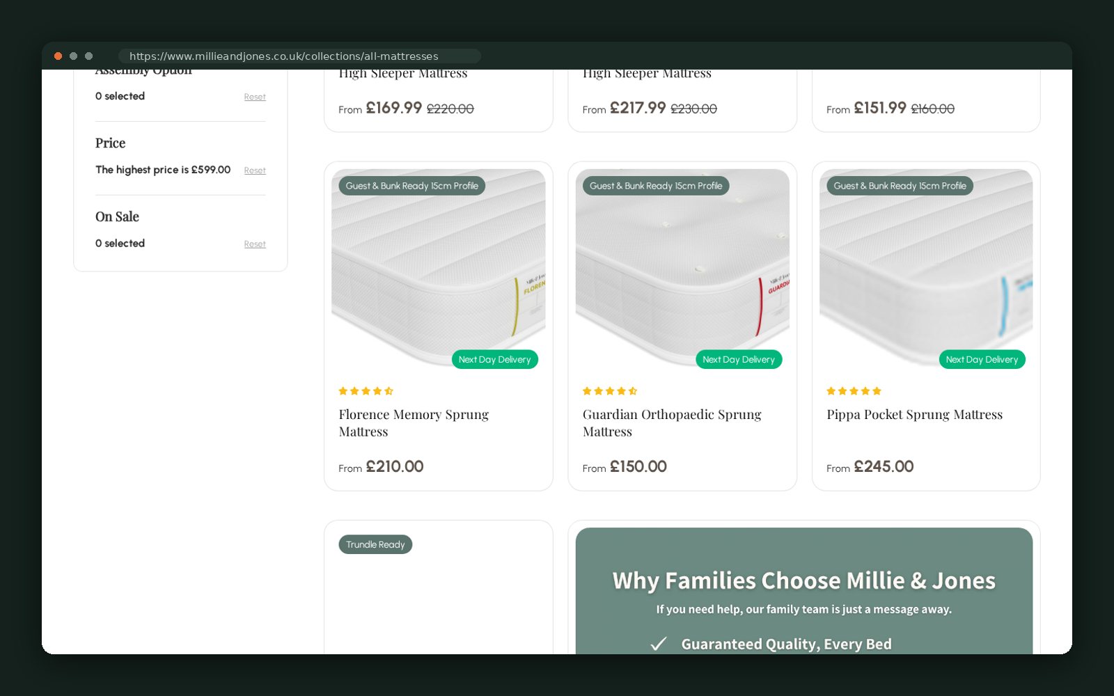 Mattress grid with size and profile labels