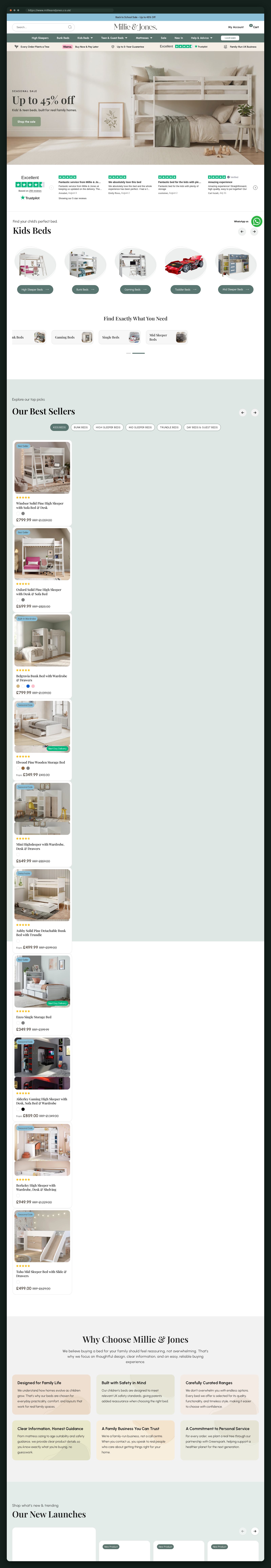 Full homepage: categories, best sellers, trust and blog
