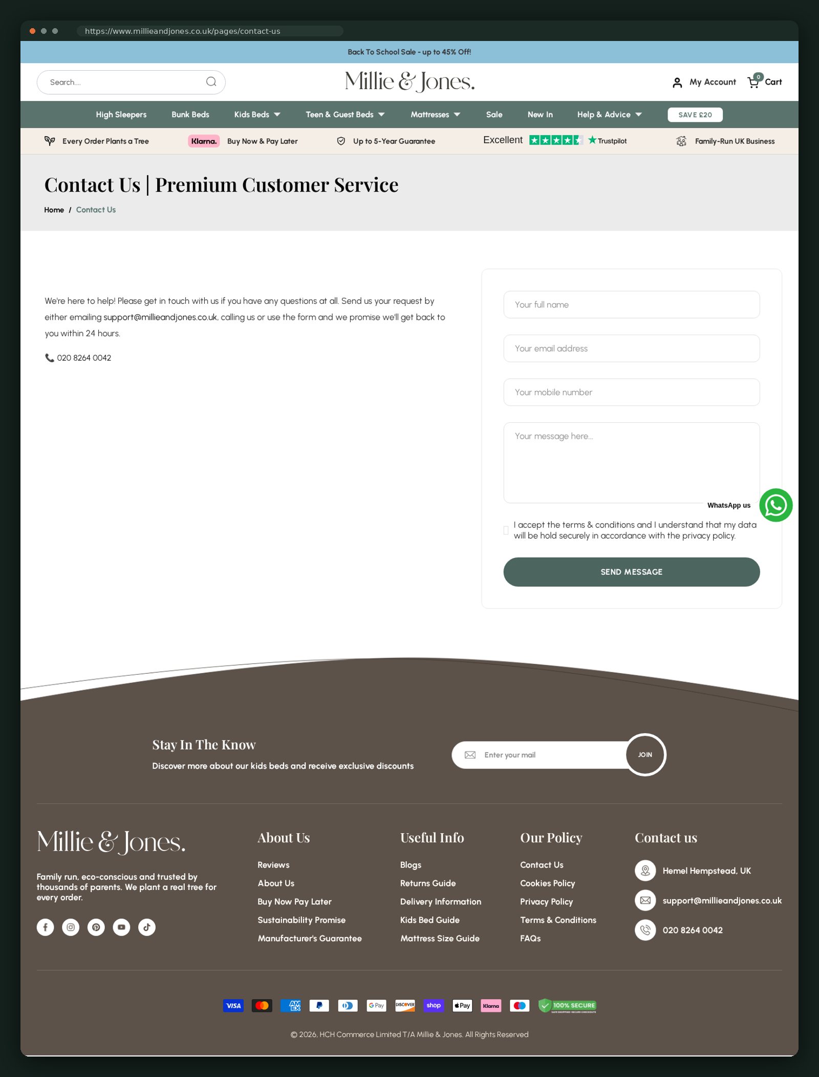 Contact page with support form