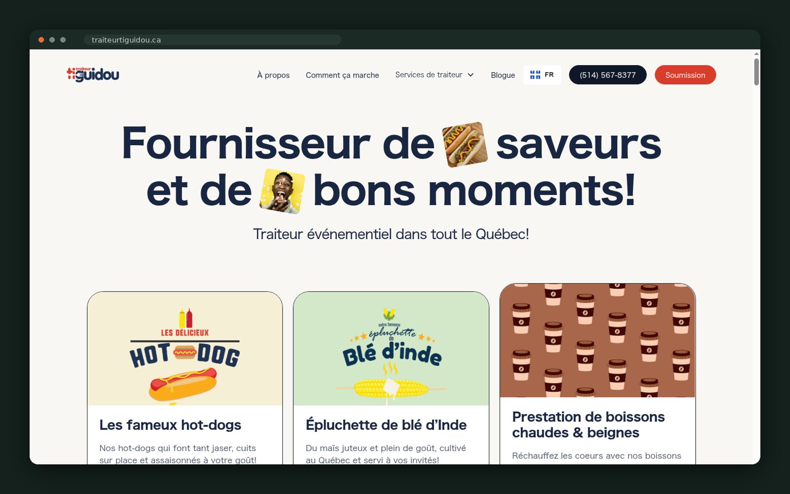 Homepage hero — festive event catering across Québec