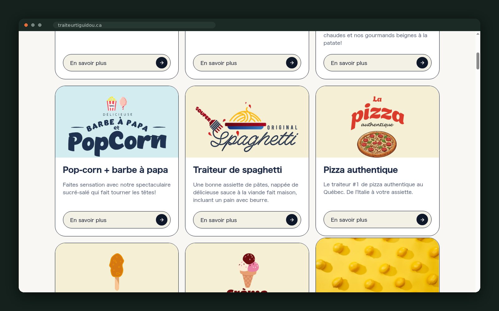 Service cards grid with illustrated food brands
