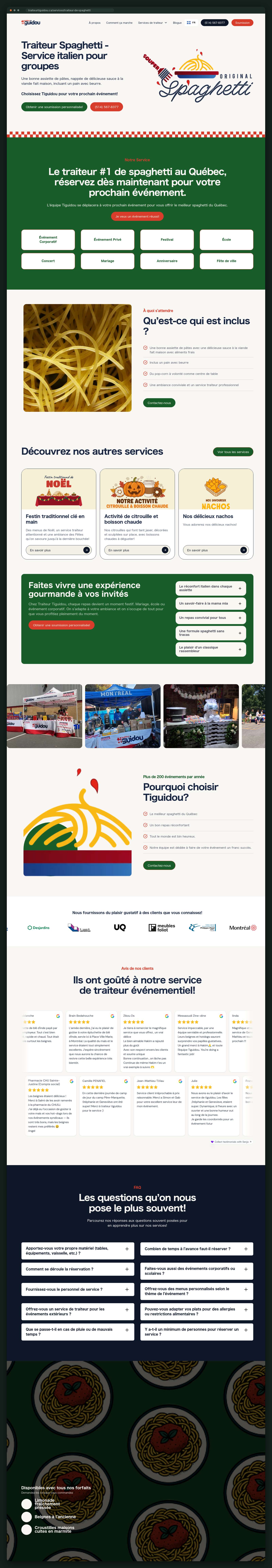 Spaghetti catering service page, full scroll