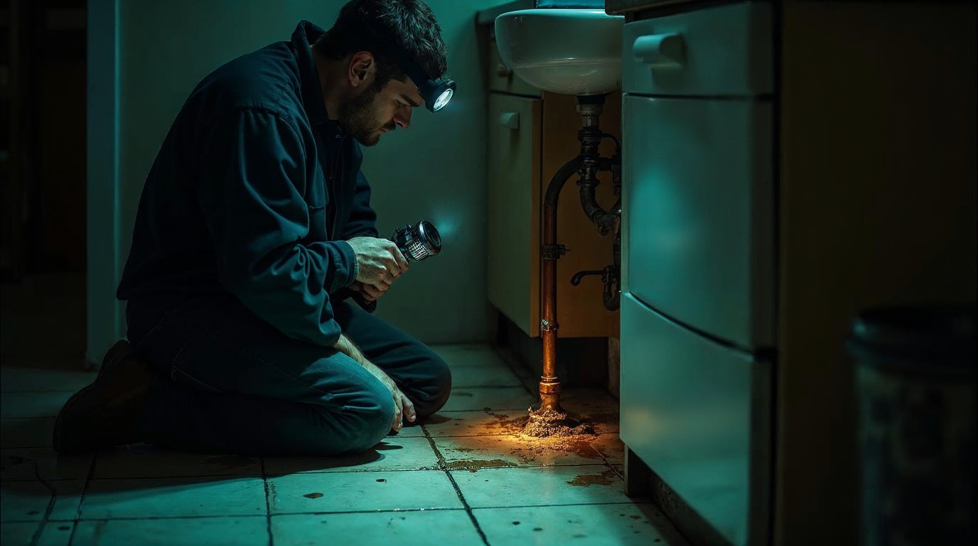 Plumber kneeling under a kitchen sink at night, headtorch lighting a corroded copper joint above a pool of water