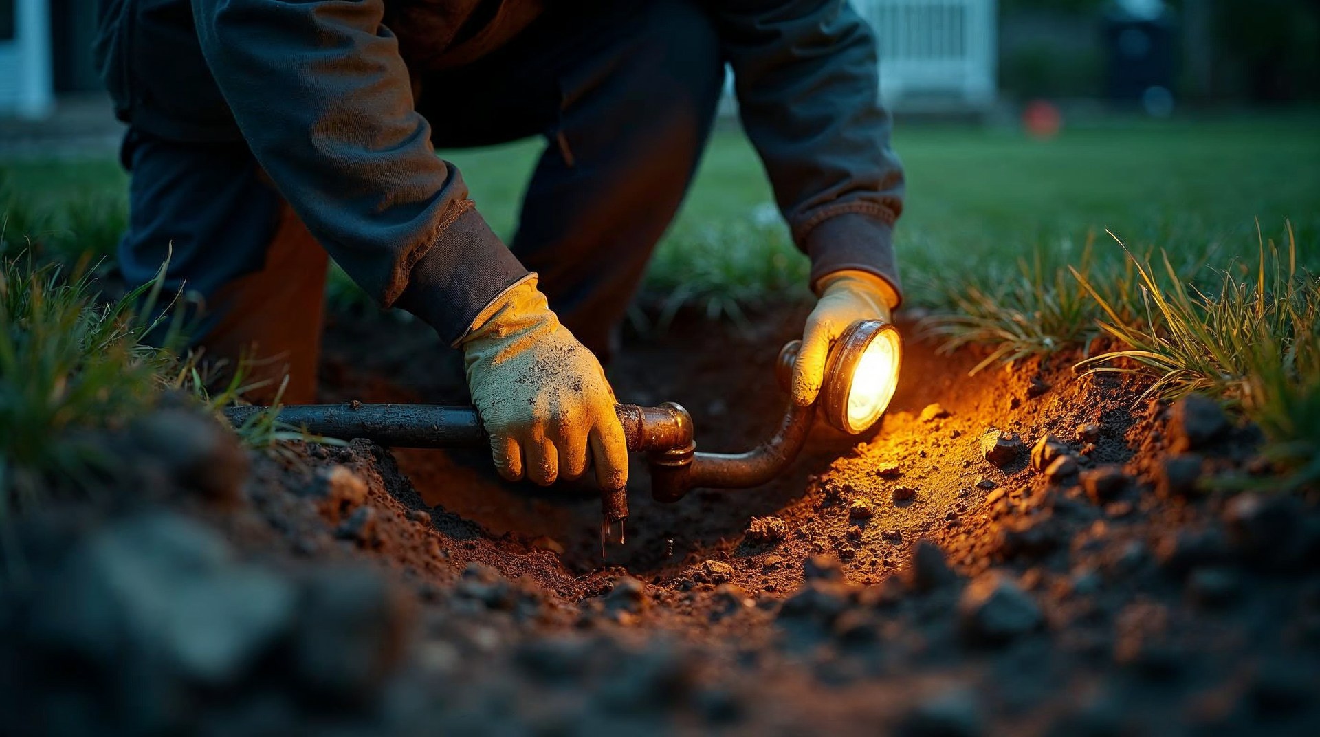 Gloved hands cutting a pipe at the bottom of a muddy trench in a front lawn under harsh work-lamp glare