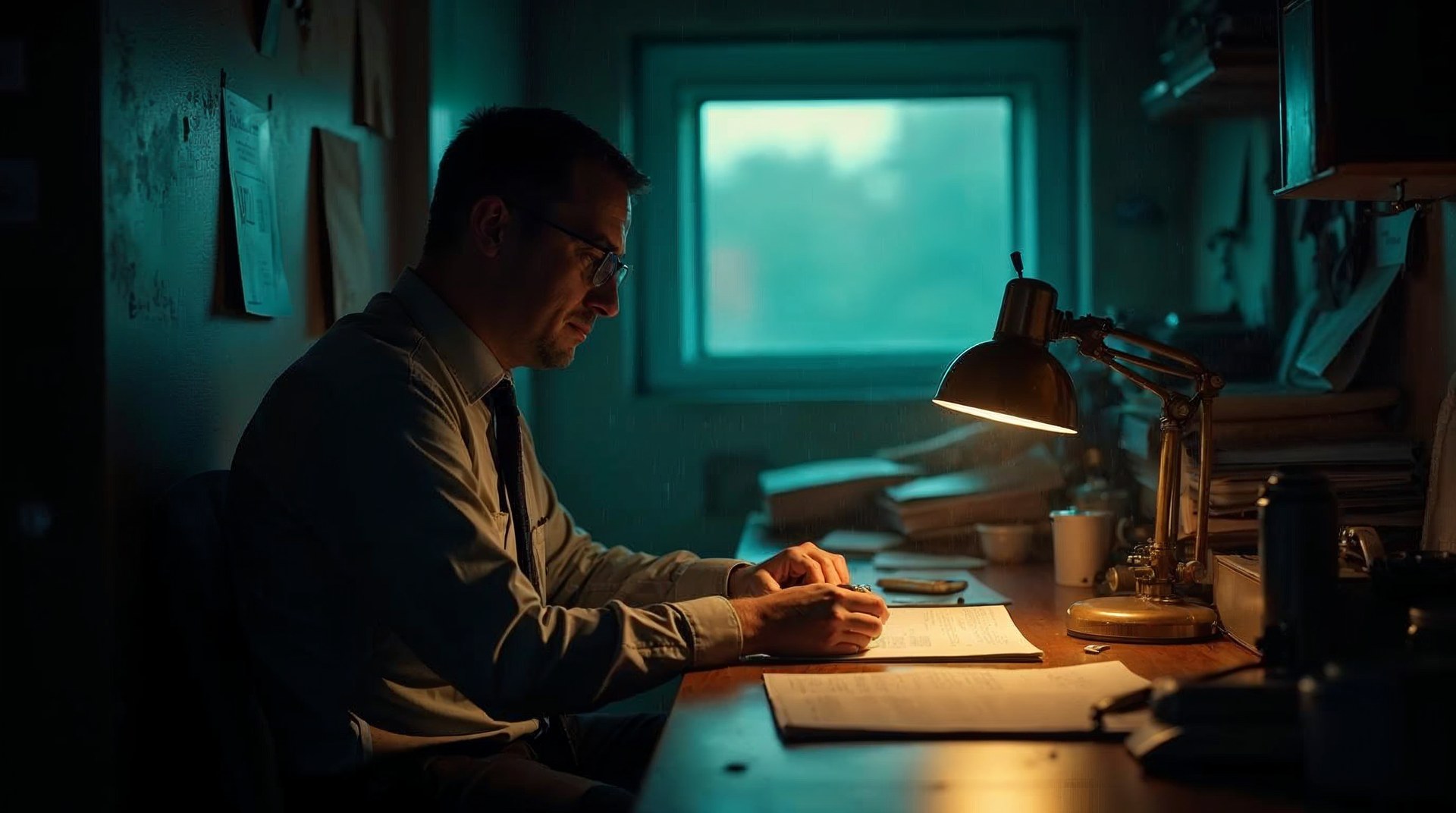 Dispatcher taking a call in a cramped van-yard office at dawn, one desk lamp and rain on the window