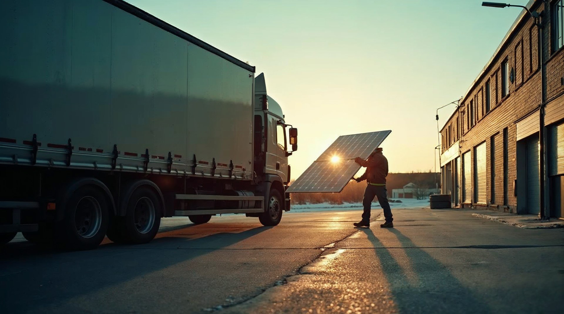 Crew member lifting a solar panel off a truck rack at first light with sky reflected across the glass