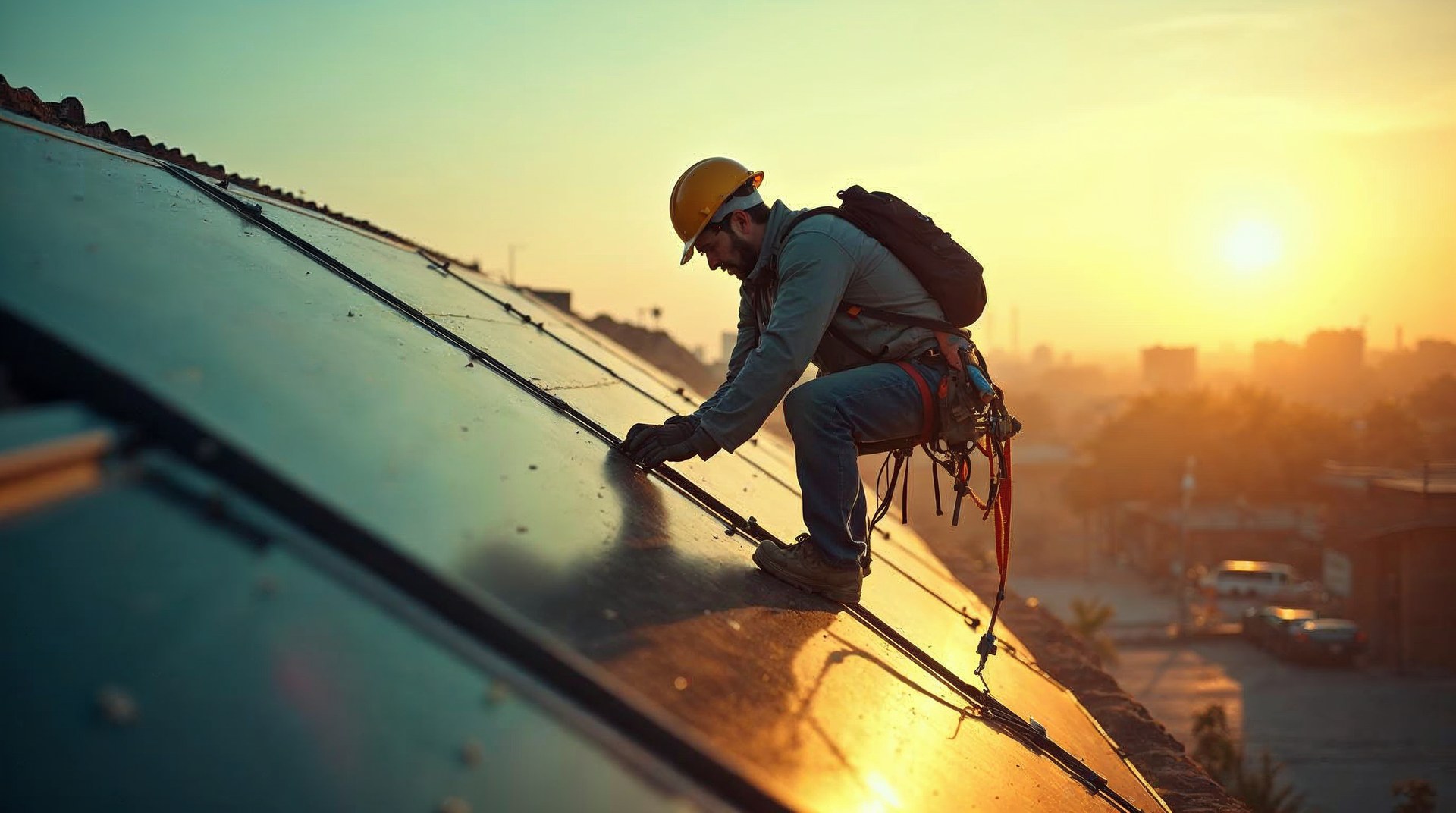 Installer straddling a roof ridge bolting down a panel rail in hard low sun, dust hanging in the air