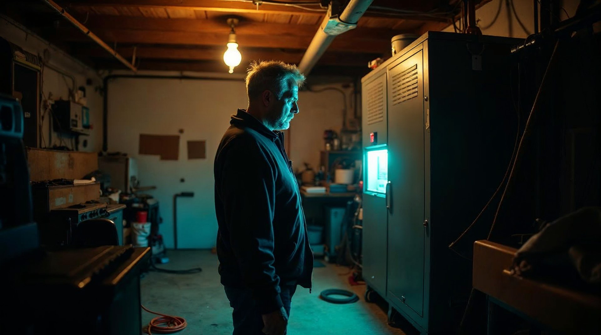 Homeowner squinting at an inverter display in a cluttered garage under a single bare bulb