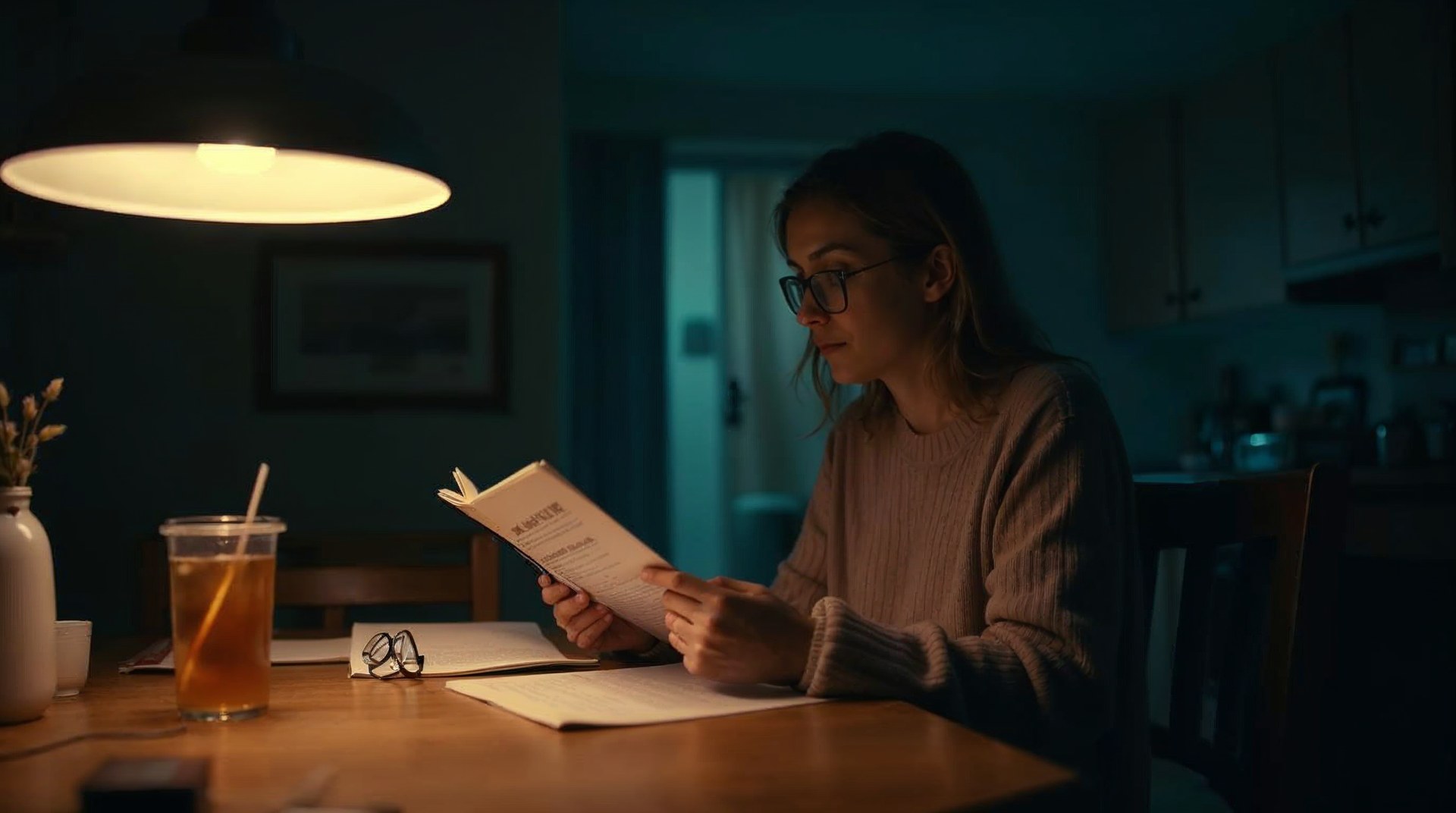 Adult daughter reading a care brochure at a kitchen table late at night under a single pendant lamp