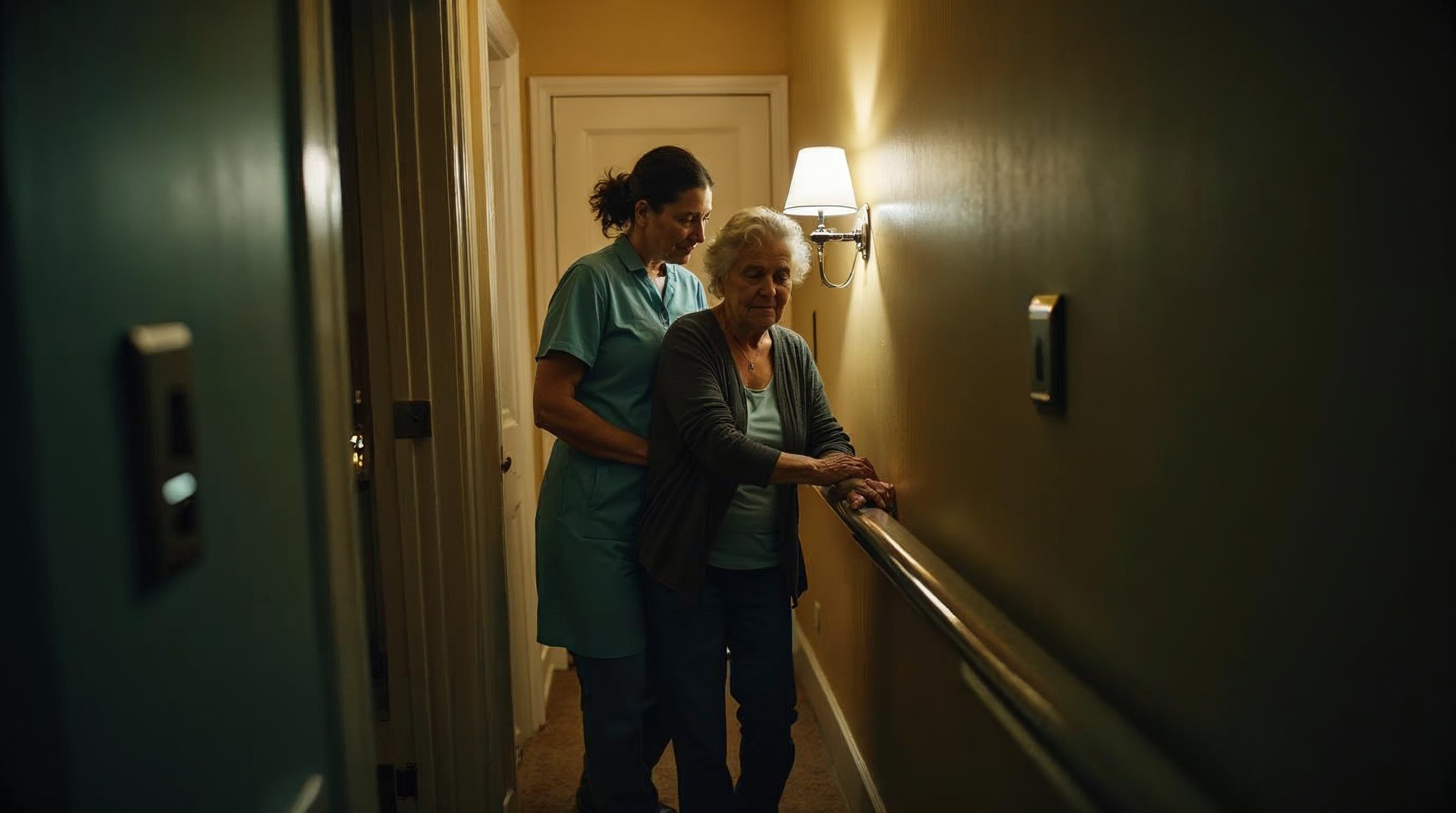 Care worker steadying an elderly woman's hand on a stair rail in a warm residence corridor lit by a low wall lamp
